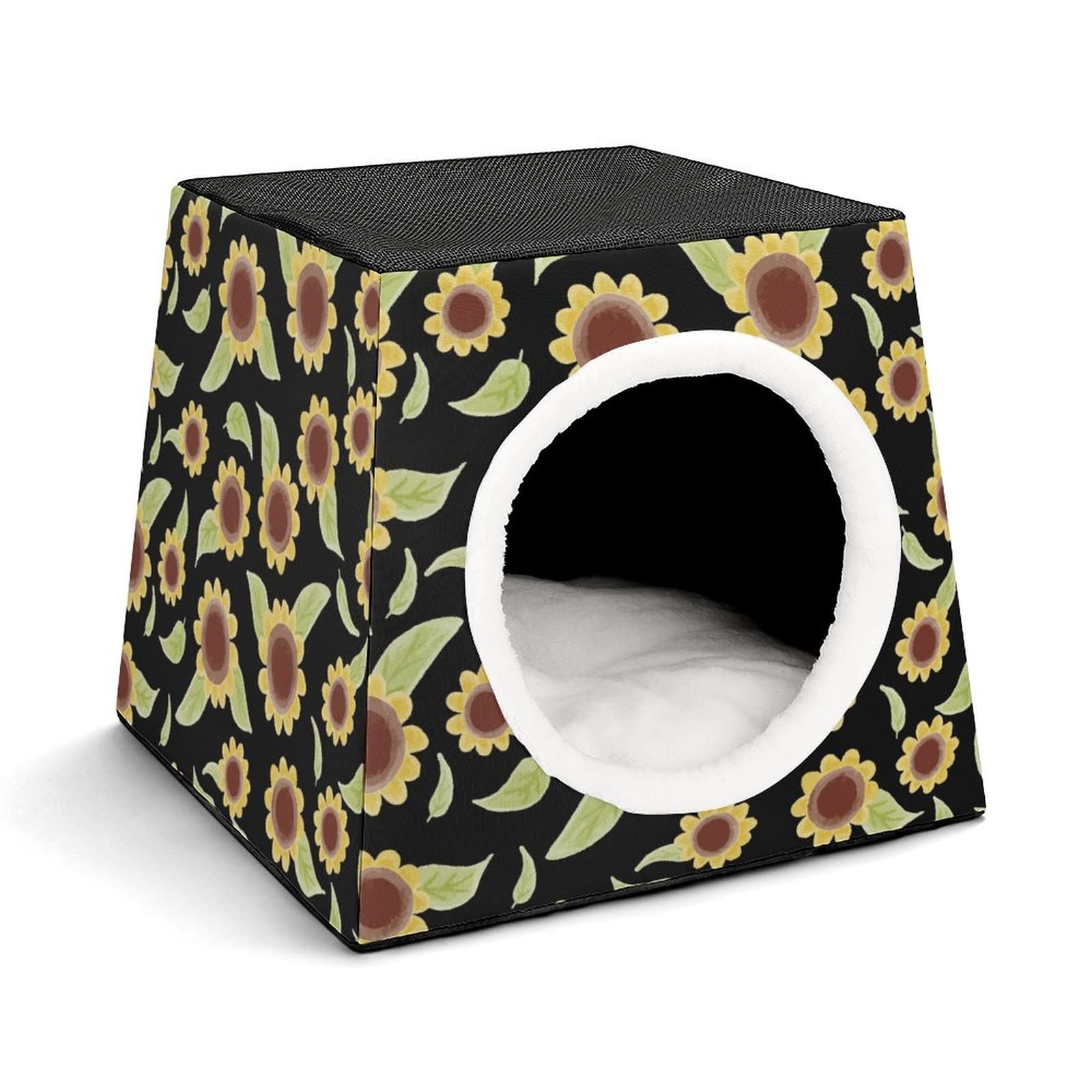 Printed Cat Houses & Condos - Foldable Cat Cube Bed with Removable Sunflower Pillow - Cozy Pet Sofa for Indoor Cats - Perfect for Napping, Playing & Relaxing in Home