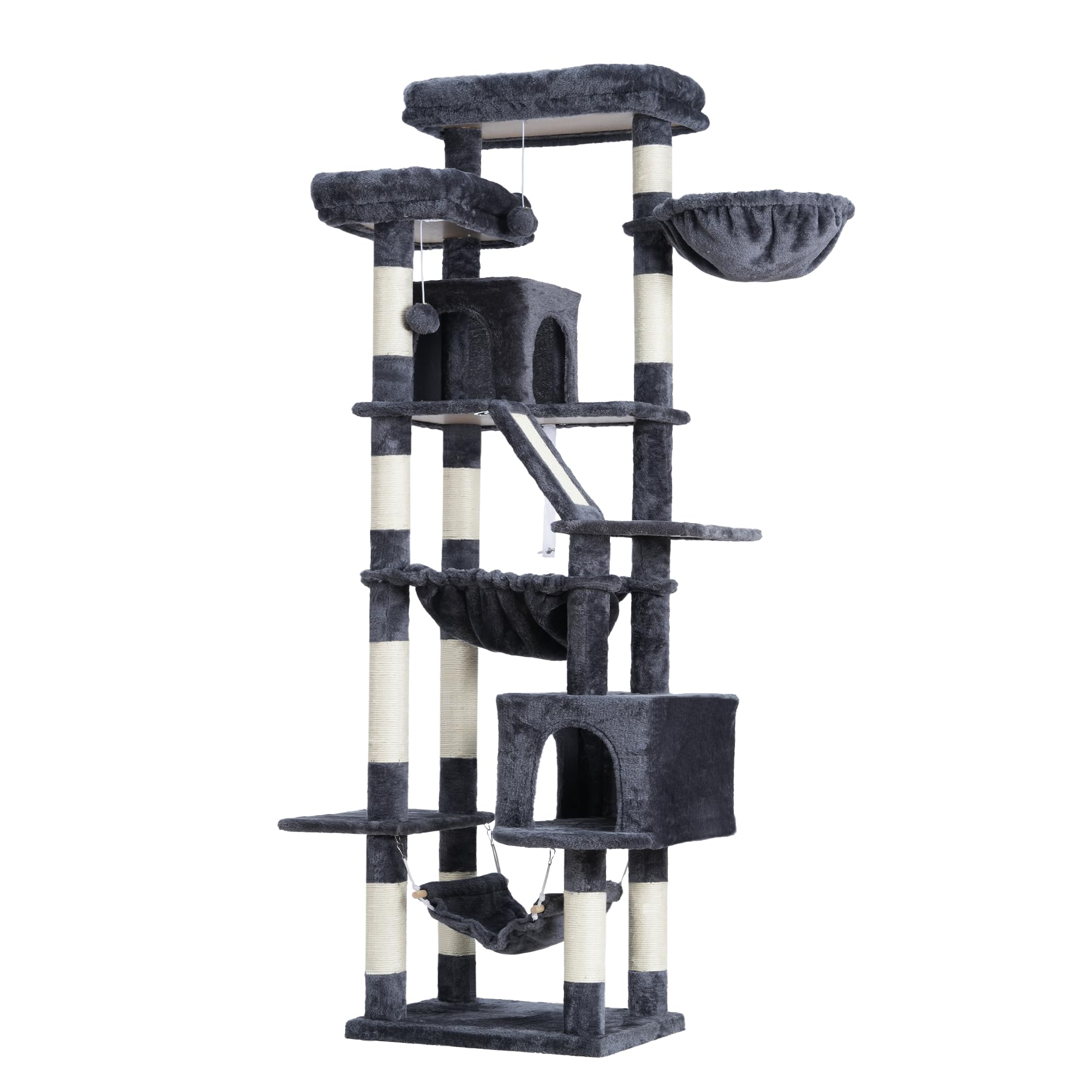Heybly 71-Inch Tall Cat Tree for Indoor Cats - 2 Perches, 2 Large Condos, 2 Hammocks, Basket & Scratching Pad - Durable Cat Furniture Tower in Smoky Gray (HCT034G) - Perfect for Play, Rest & Scratching in Living Rooms & Bedrooms