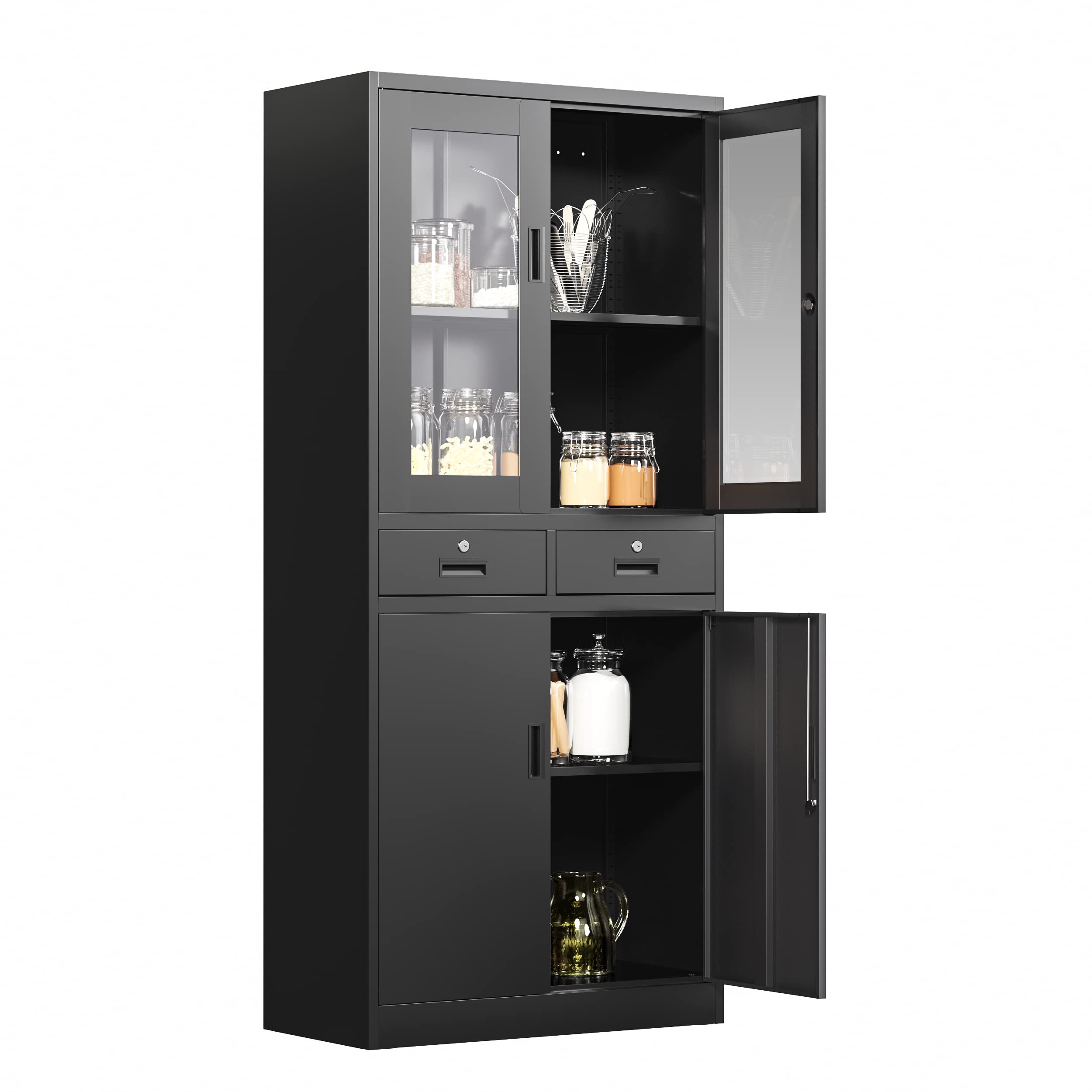 Black Glass Display Cabinet with Lockable Metal Drawers & 2 Adjustable Shelves - 71