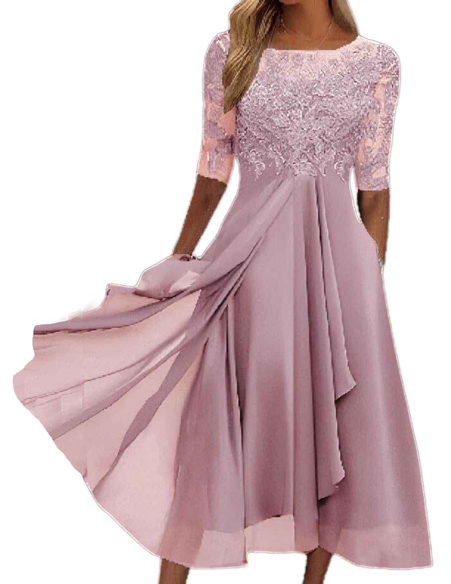 Elegant Women's Summer Chiffon Lace Maxi Dress with Half Sleeves - Flowy Formal Evening Gown for Wedding Guest, Party & Special Occasions - Perfect for Beach Weddings, Cocktail Parties & Date Nights