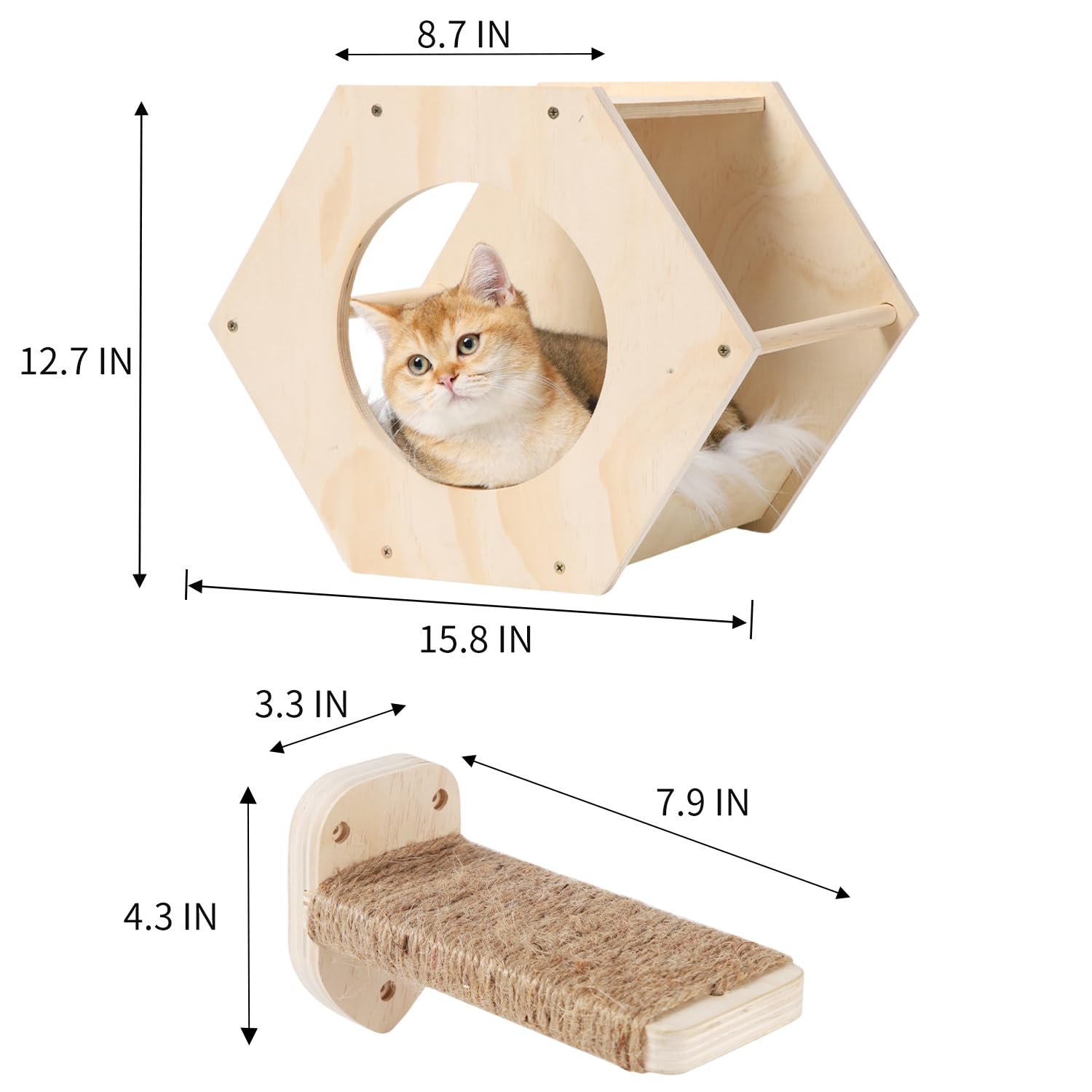 Premium Cat Wall Shelves with 3-Step Scratcher & Plush Hammock - Natural Wood Climbing Shelves for Indoor Cats - Wall Mounted Cat Furniture for Play, Rest & Vertical Space Exploration