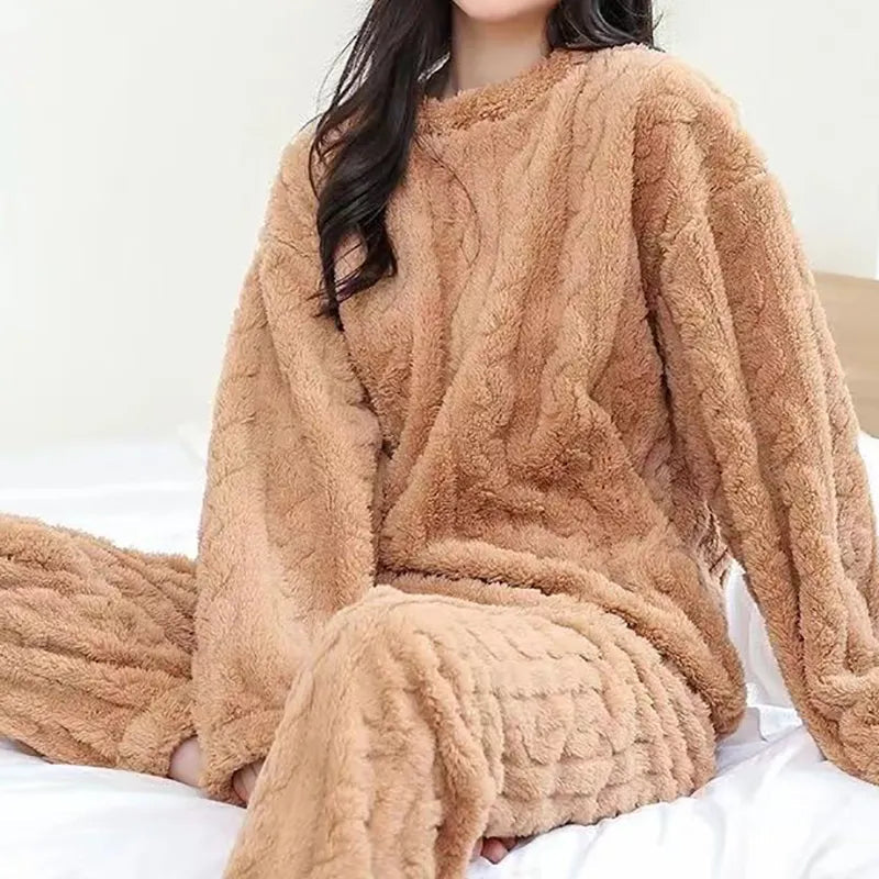 Women's 2-Piece Fleece Pajama Set - Soft Velvet Ribbed Pullover & Pants for Fall/Winter | Cozy Casual Loungewear for Home, Sleep & Relaxation
