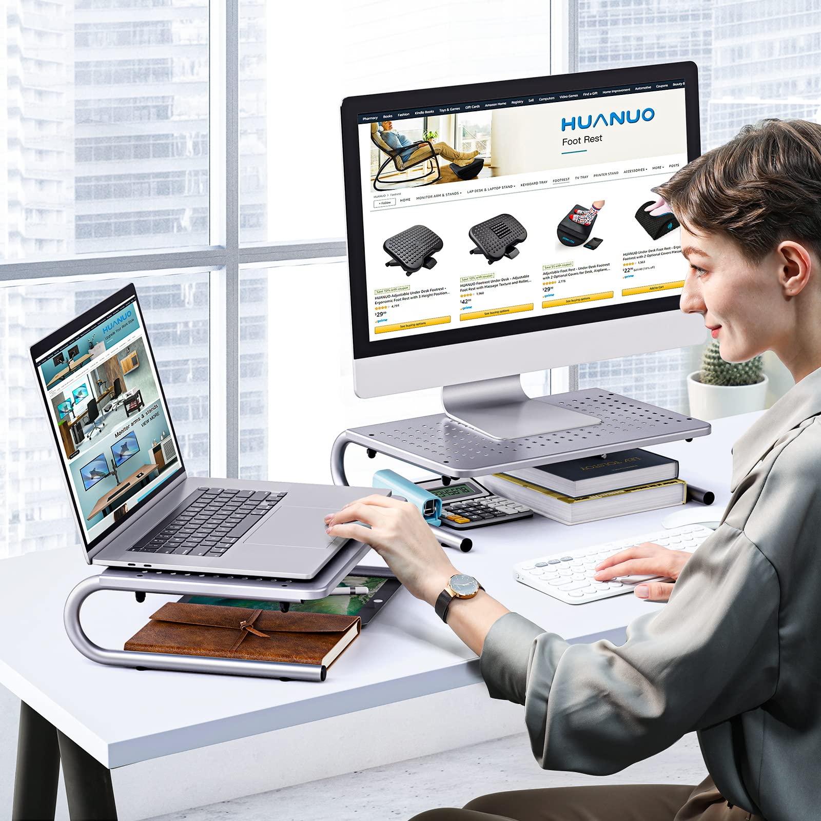 HUANUO Adjustable Monitor Stand Riser - Ergonomic Laptop Stand with Vented Metal Design for Home & Office - Perfect for Screen, Laptop, Printer & Desk Organization - Improves Posture & Workspace Efficiency