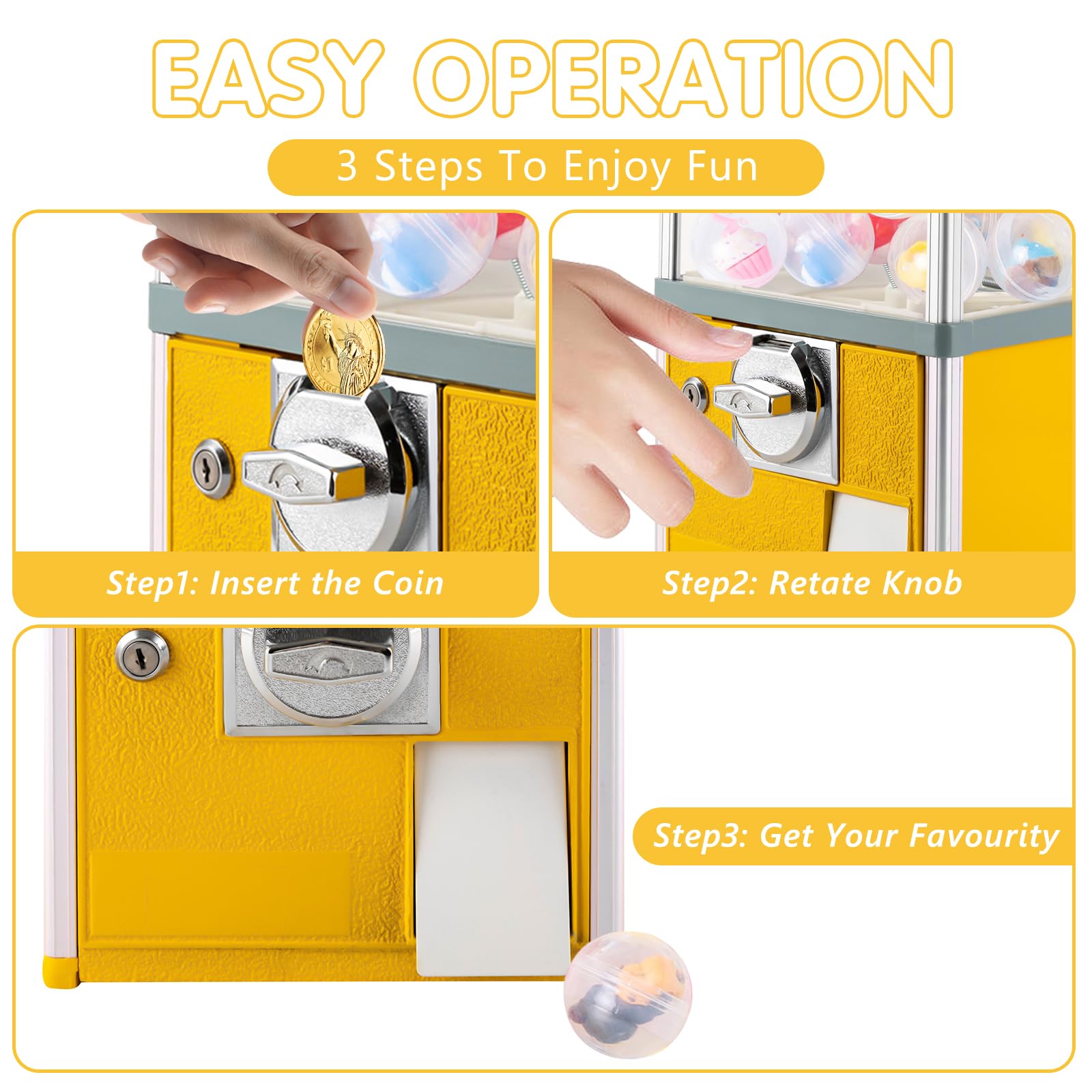 DYRABREST Commercial Toy & Candy Vending Machine - Large Capacity Gumball Bank for 1.18-2.17 Inch Toys - Perfect for Arcades, Game Stores, Retail Shops & Birthday Parties (Yellow)