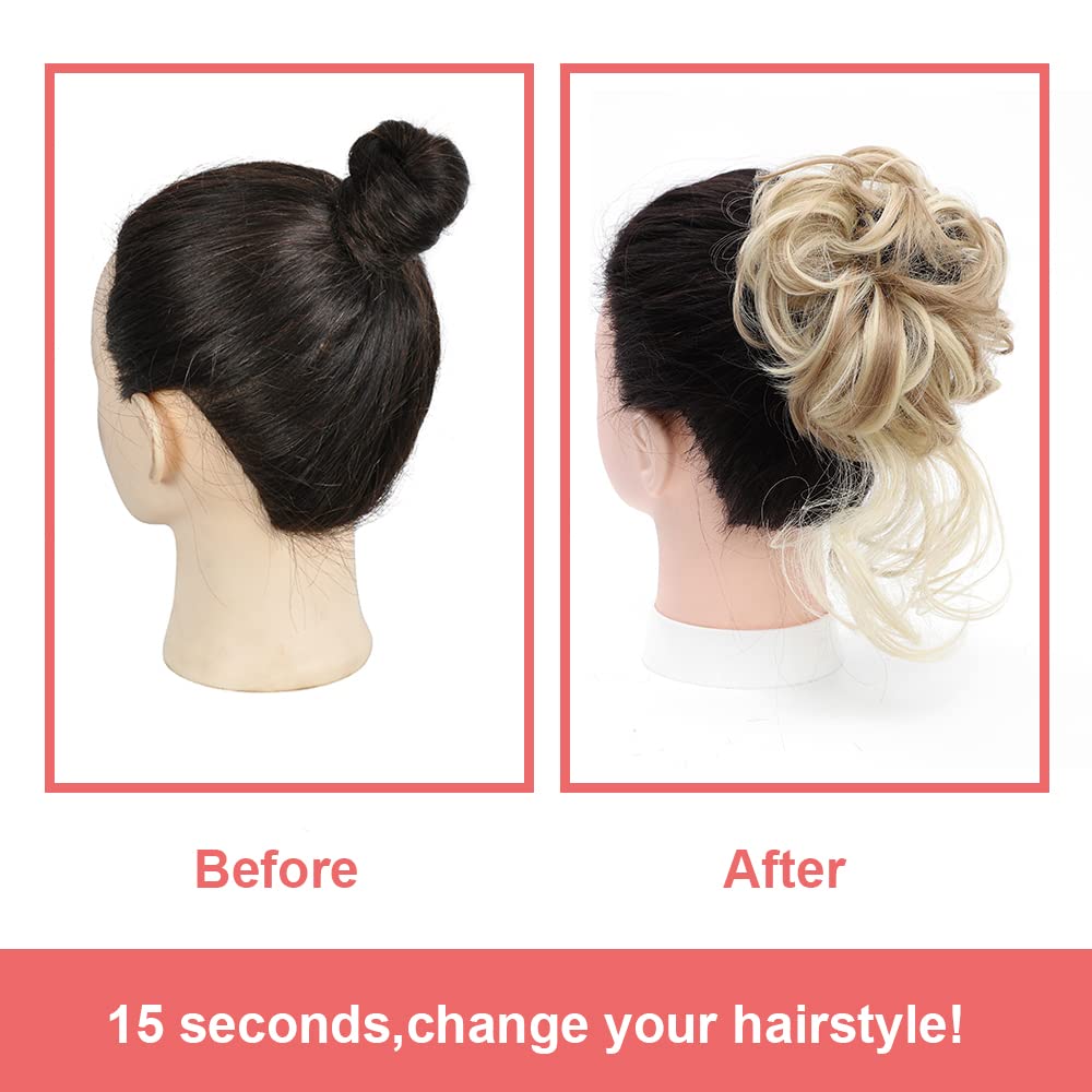 KETHBE Messy Bun Hair Piece - Tousled Updo Hair Extension with Elastic Band, Curly Hair Bun Scrunchie for Women (Highlights Blonde) - Perfect for Work, Parties & Everyday Styling