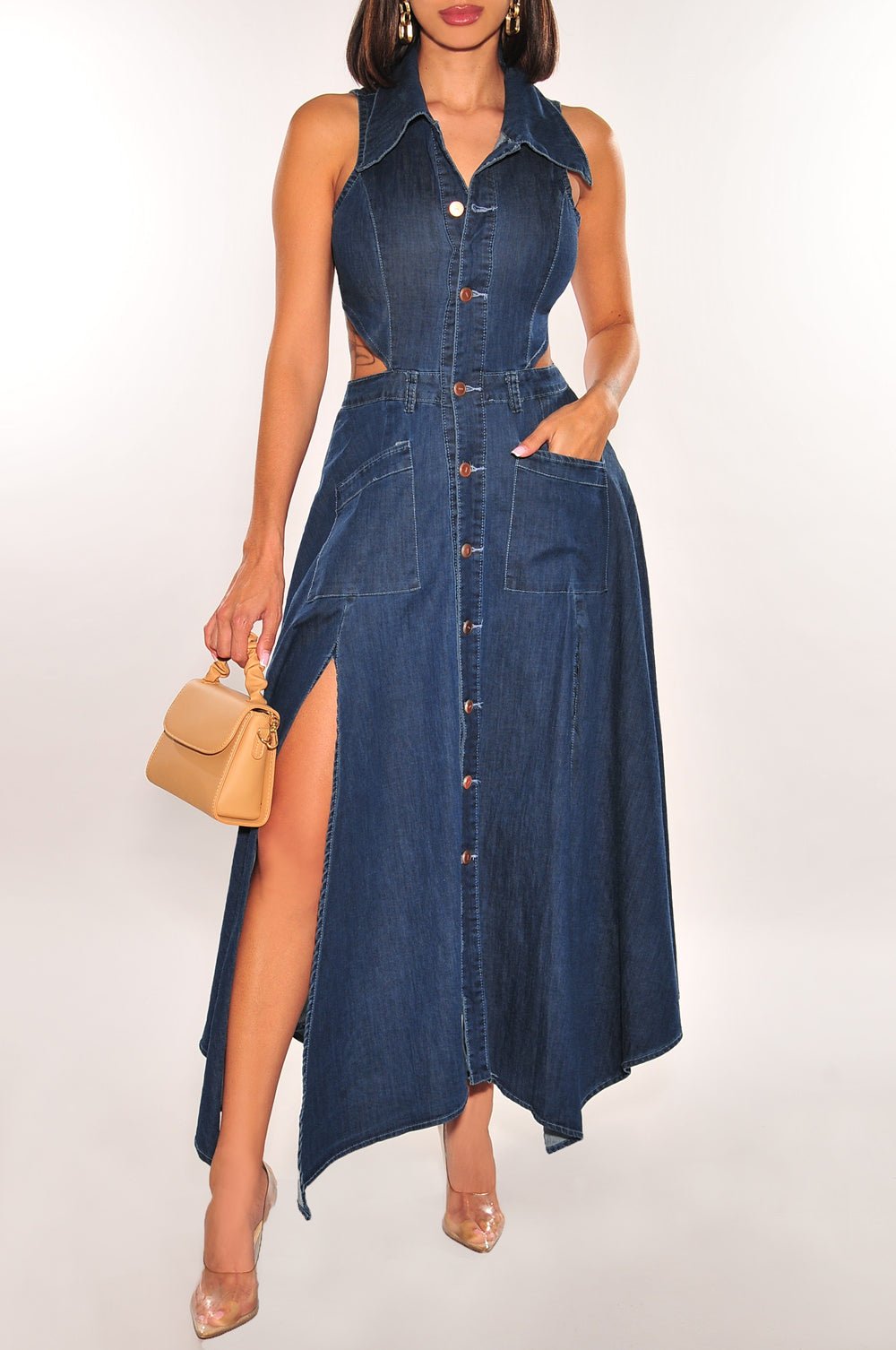 Women's Denim Sleeveless Collared Cut-Out Button Down Asymmetrical Slit Dress - Casual Summer Outfit for Beach, Party & Street Style Fashion