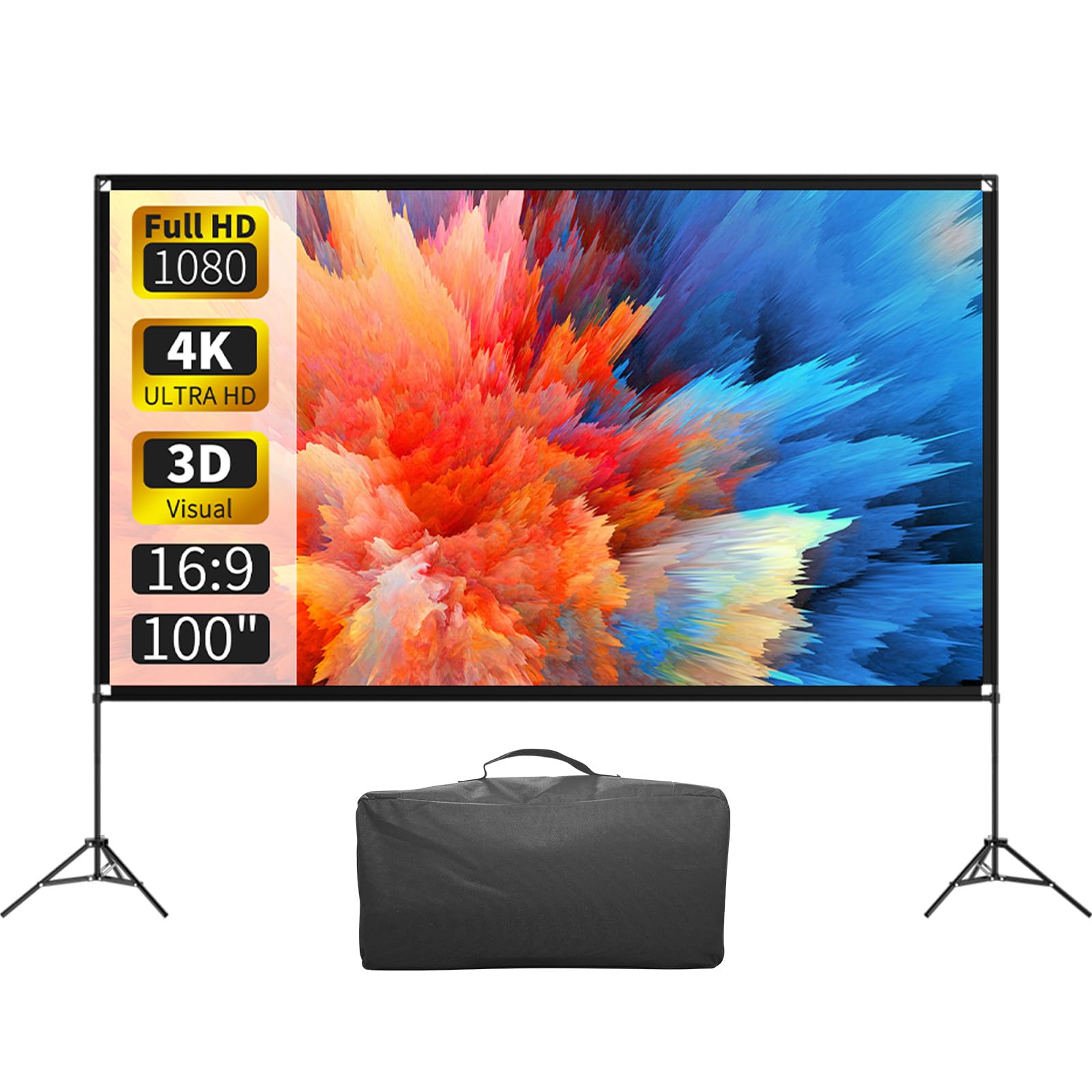 100 Inch 16:9 4K HD Portable Projector Screen with Stand - Foldable Wrinkle-Free Indoor/Outdoor Movie Screen for Home Theater, Backyard, and Parties | 160° Viewing Angle | Front & Rear Projection | Includes Carry Bag