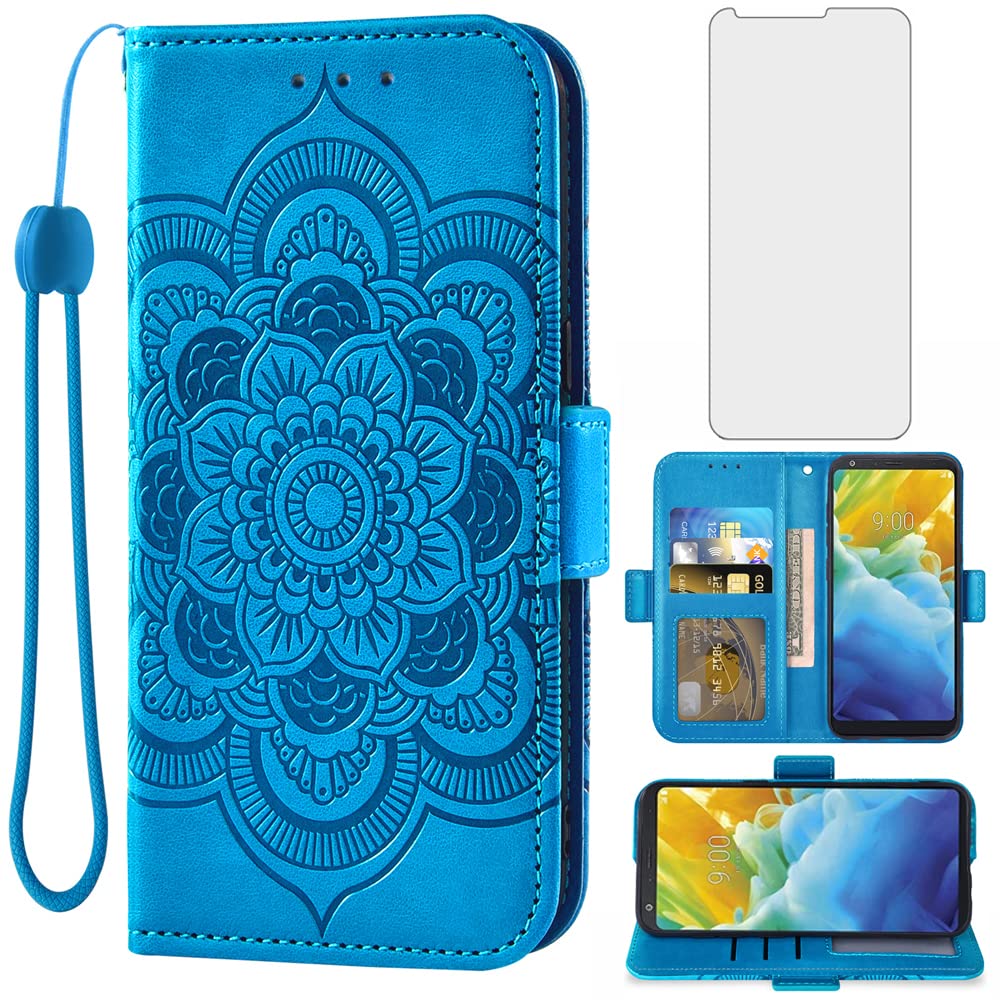LG Stylo 4 Wallet Case with Tempered Glass Screen Protector - Flip Cover Credit Card Holder Phone Case for LG Stylo 4/4+/Q Stylus Alpha (Blue) - Perfect for Work, Travel & Everyday Use