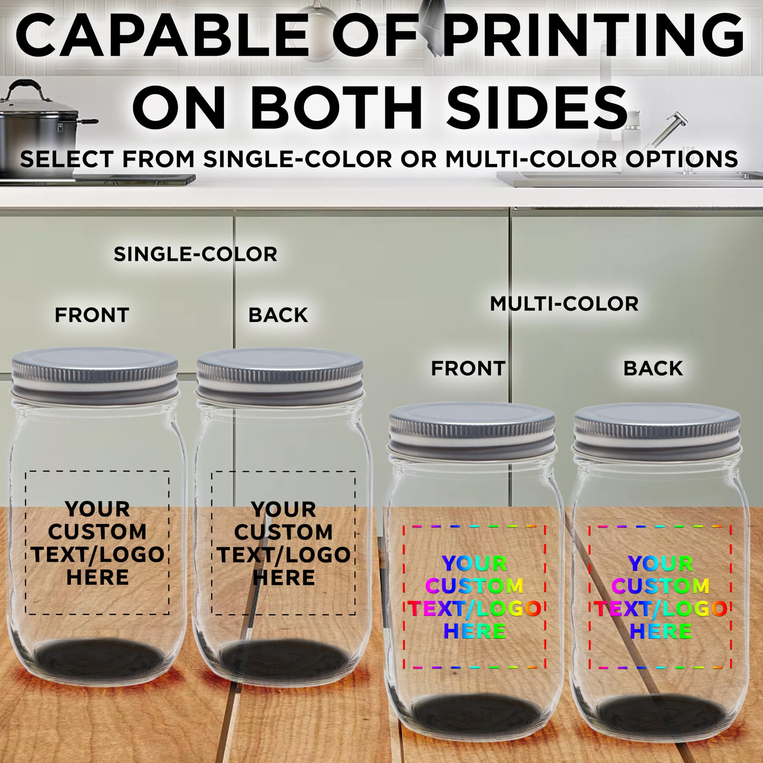 Custom 16 oz Mason Jars with Lids - Bulk Pack of 100 Personalized Glass Jars for Food Storage - Perfect for Overnight Oats, Candies, Pickles, Spices & Beverages - Ideal for Home Kitchen, Party Favors & DIY Crafts - Black