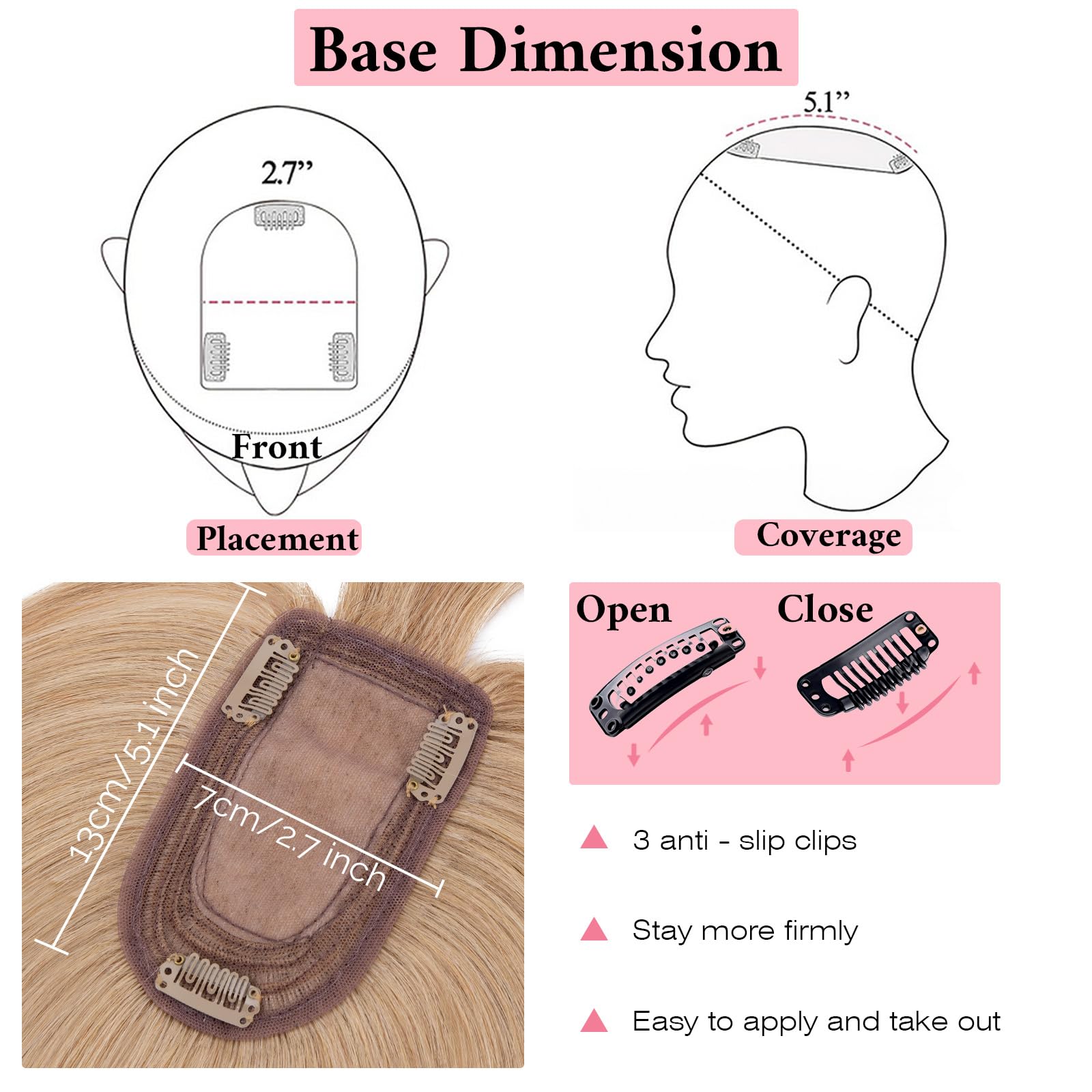 SEGO 100% Real Human Hair Toppers with Bangs - Silk Base 150% Density Clip-In Topper (2.7”x5.1”) for Women with Thinning Hair & Hair Loss - Perfect for Daily Wear, Special Occasions & Gray Hair Coverage