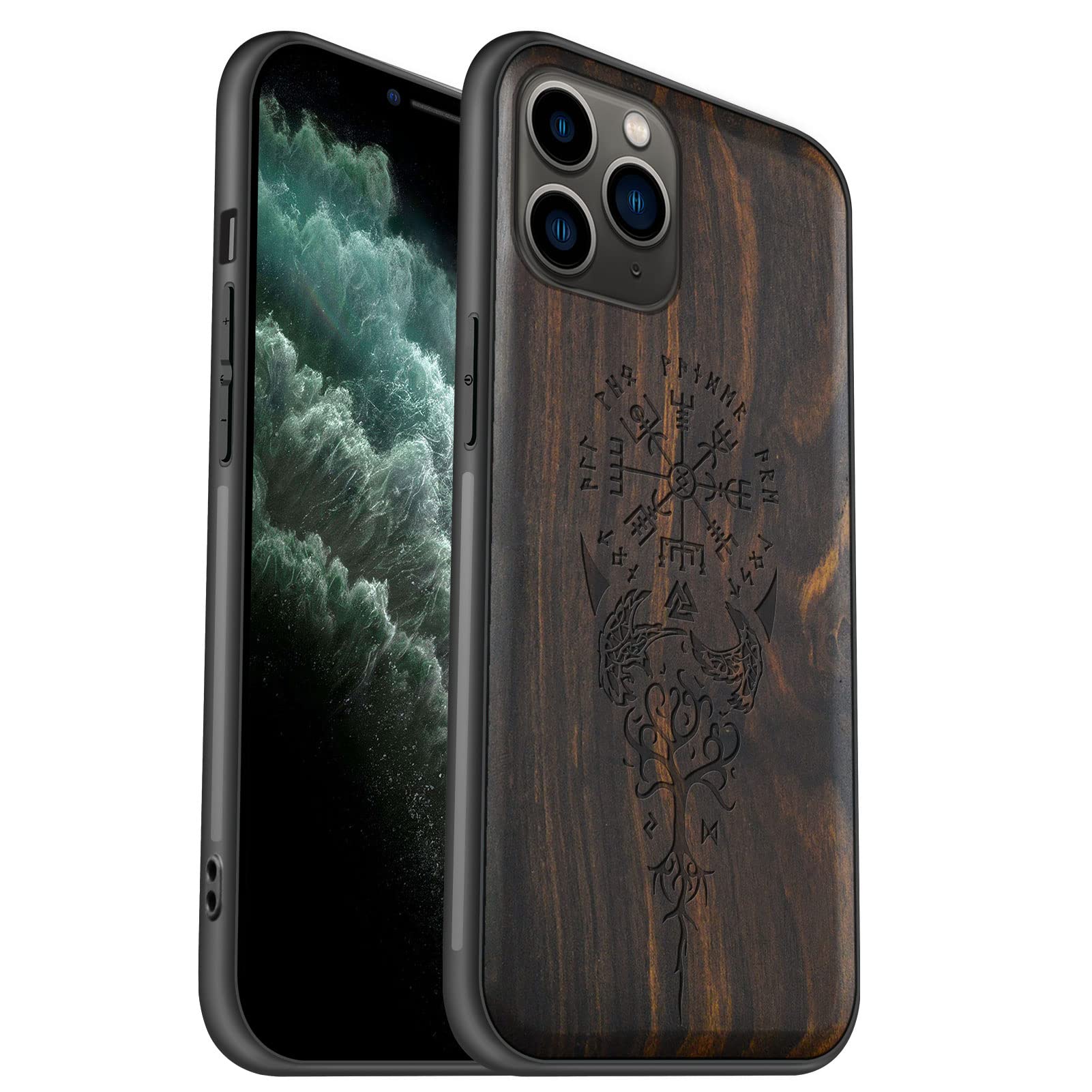 Carveit Real Wood iPhone 11 Pro Case - Hard Wood & Soft TPU Shockproof Protective Cover - Viking Compass Vegvisir Design (Blackwood) - Durable & Stylish Wooden Phone Cover for Everyday Use & Outdoor Activities