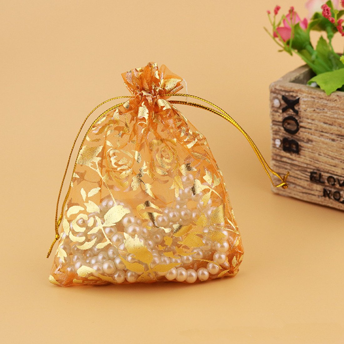 100pcs Rose Pattern Organza Wedding Favor Bags 4x6 Inch - Sheer Drawstring Jewelry Pouches for Christmas Party, Bridal Shower, Baby Shower & Birthday Gifts (Orange)