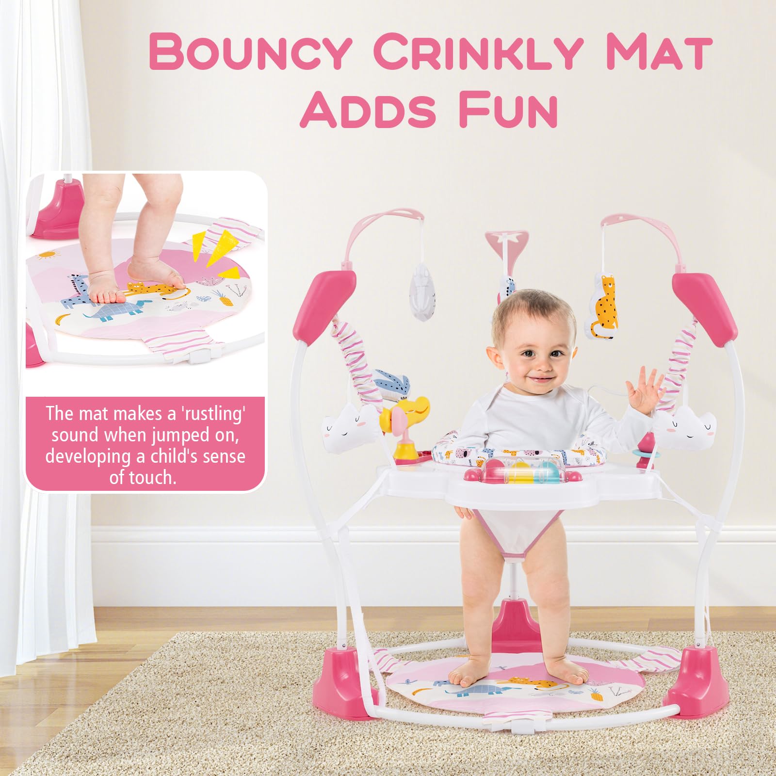 INFANS 3-in-1 Baby Activity Center with Music, Lights & Interactive Toys - 360° Rotating Seat, 3 Height Adjustments - Exersaucer Learning Toy for Infants 6-12 Months (Pink) - Perfect for Playtime, Early Development & Safe Bouncing Fun at Home