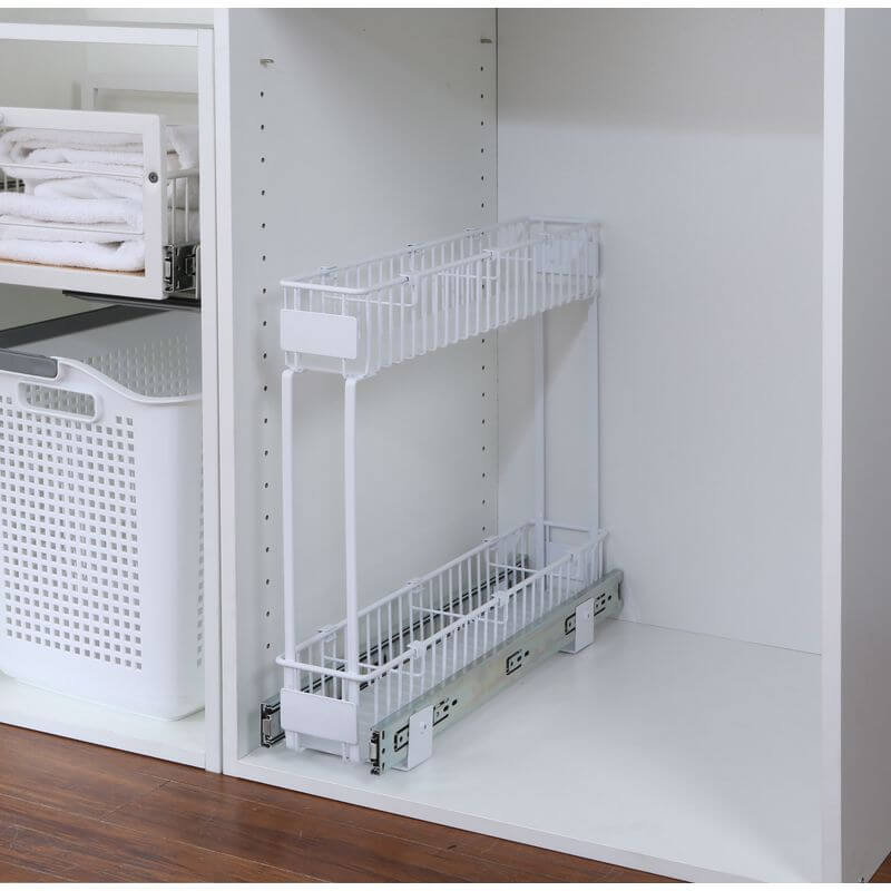 2-Tier Pull-Out Kitchen Drawer Organizer - White | Space Saving Cabinet Storage for Utensils, Spices & Small Items | Perfect for Pantry, Bathroom & Office Organization