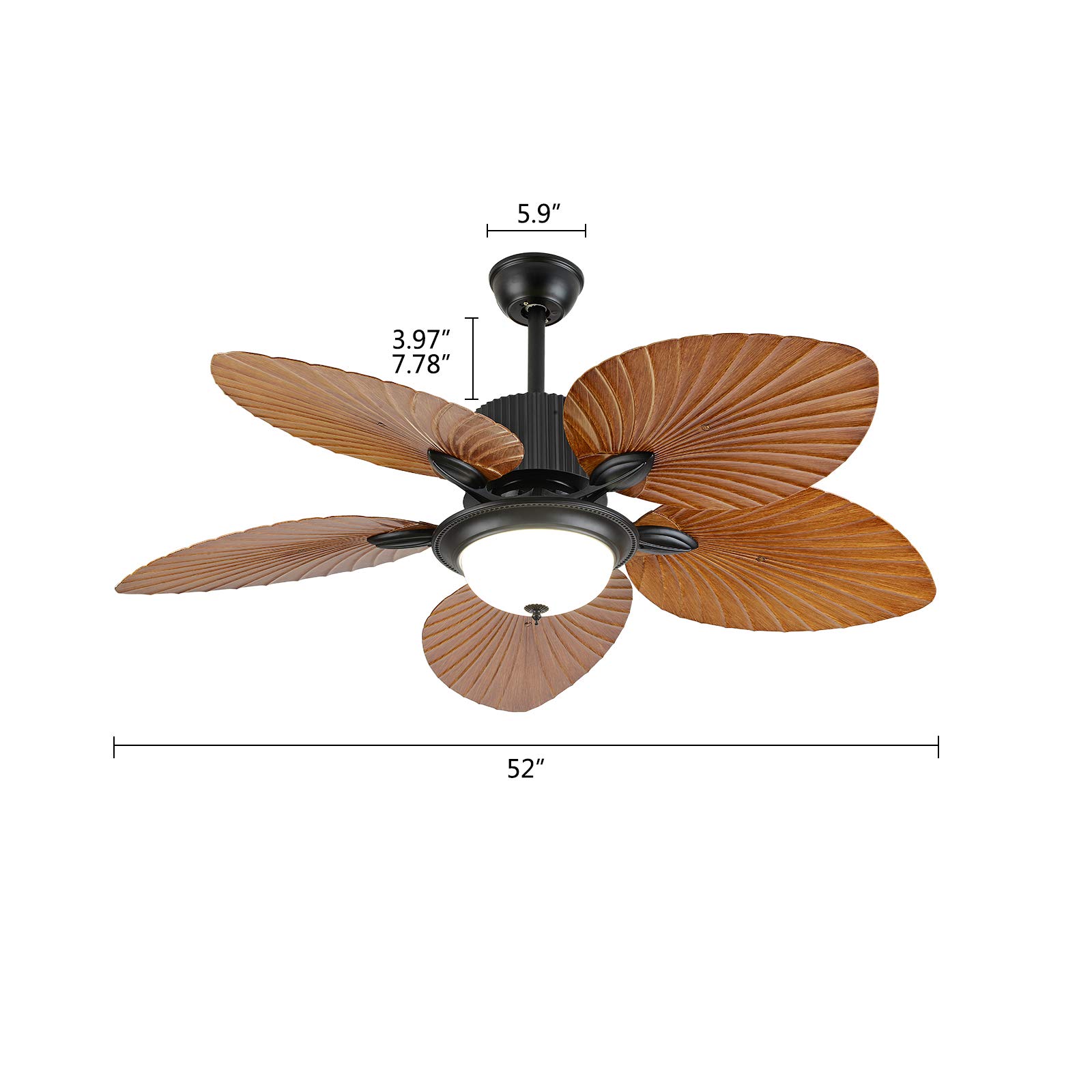 Eapmic 52 Inch Tropical Ceiling Fan with Sunset Bowl Light - 5 Hand Carved Wooden Leaf Blades - Outdoor/Indoor Use for Bedroom, Dining Room, Patio, Porch - Perfect for Coastal, Beach House & Tropical Decor Styles