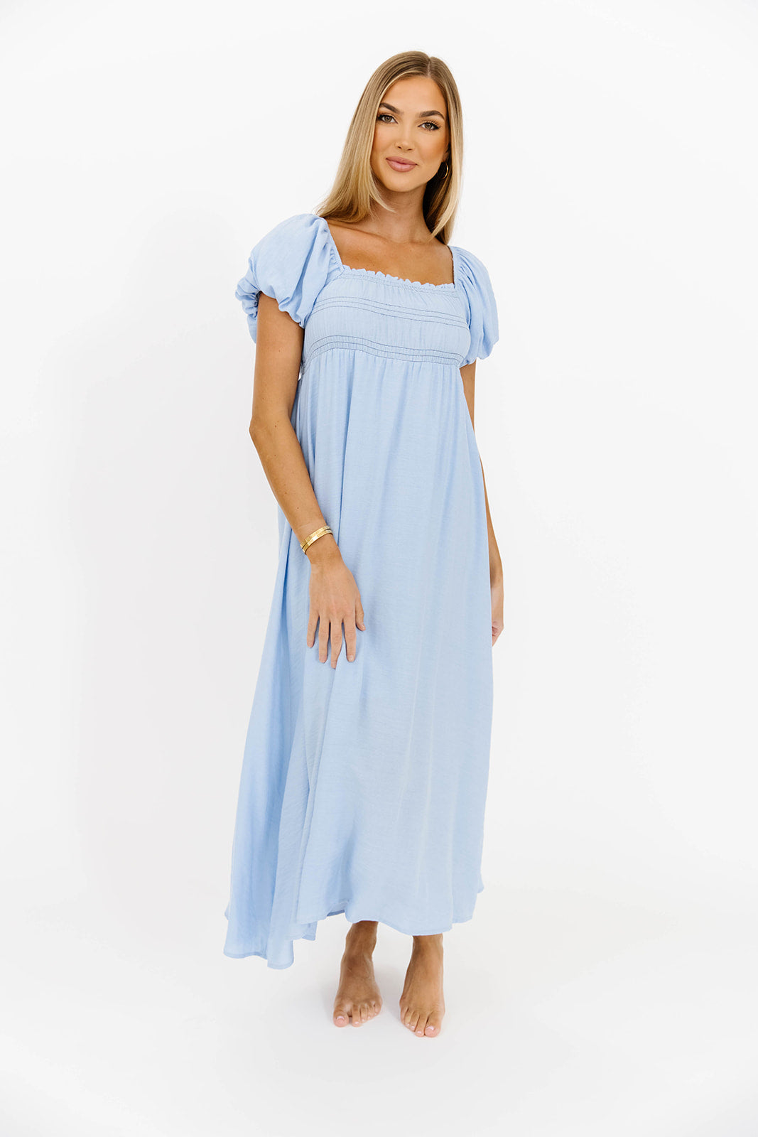 Belle Puff Sleeve Maxi Dress - Flowy Long Summer Dress for Women in Baby Blue | Perfect for Beach Vacation, Wedding Guest, and Date Night Outfits