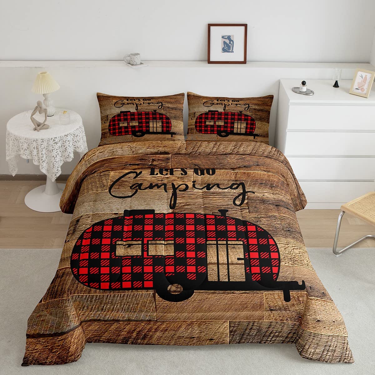 Happy Camping Cartoon Grid Twin Size Camper Comforter Set - Chic Brown Wooden Board Duvet Quilt for Kids Boys Girls Bedroom Decor - Perfect for Camping Themed Rooms, Sleepovers & Cozy Bedtime Adventures