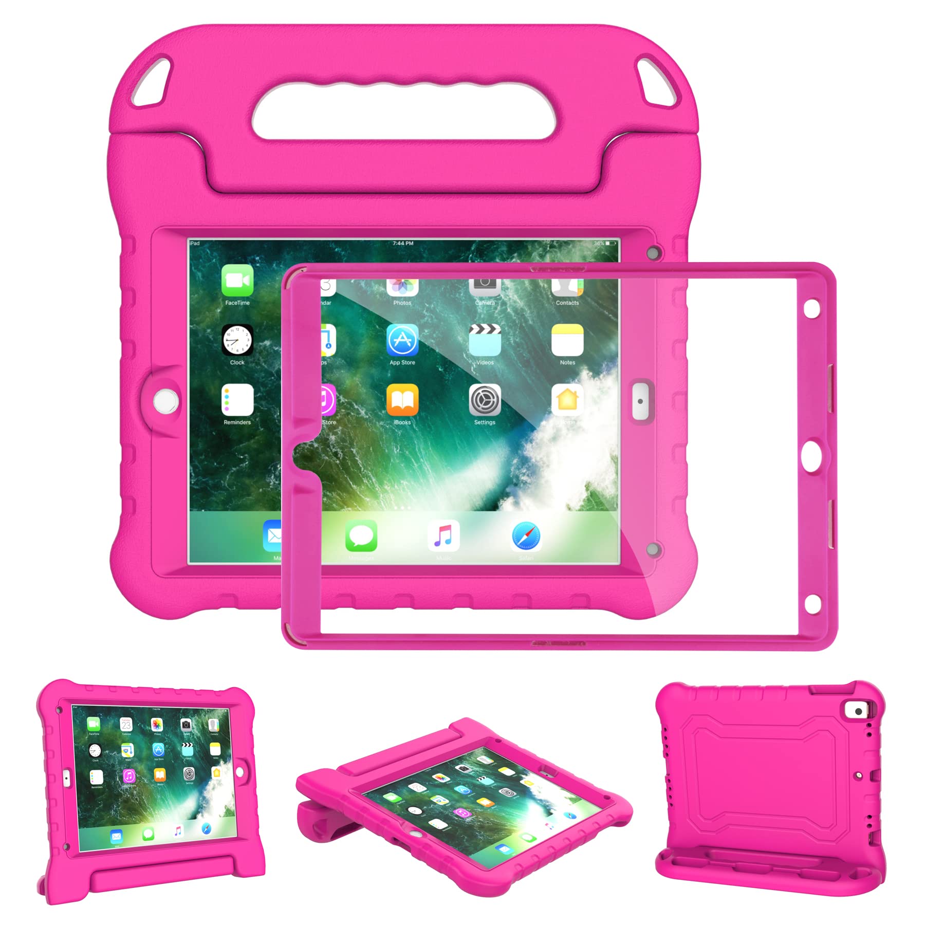 Shockproof Kids iPad Case for iPad 6th/5th Generation (2018/2017, 9.7 Inch), iPad Air 2/Air 1 & Pro 9.7 - Built-in Screen Protector & Pencil Holder with Handle Stand - Hot Pink - Perfect for School, Travel & Home Use