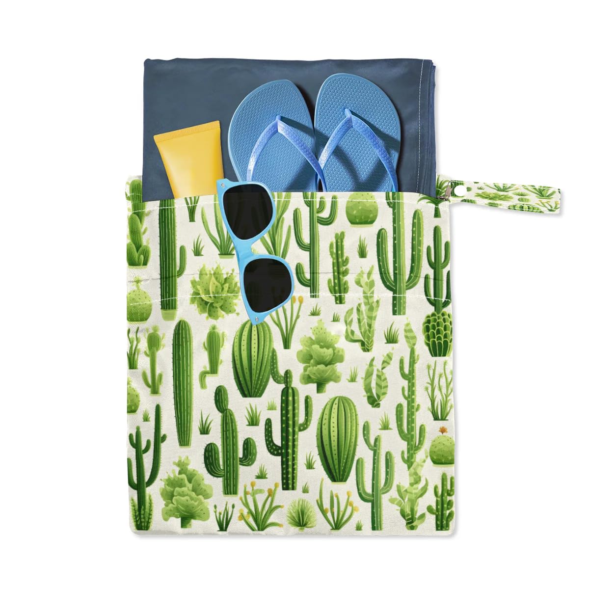 Waterproof Green Cactus Wet Dry Bag 2-Pack - Reusable Travel Laundry Bag, Swimsuit Storage & Cloth Diaper Organizer for Beach, Pool, Gym, Yoga - Ideal for Swimming, Baby Care & Sports Activities