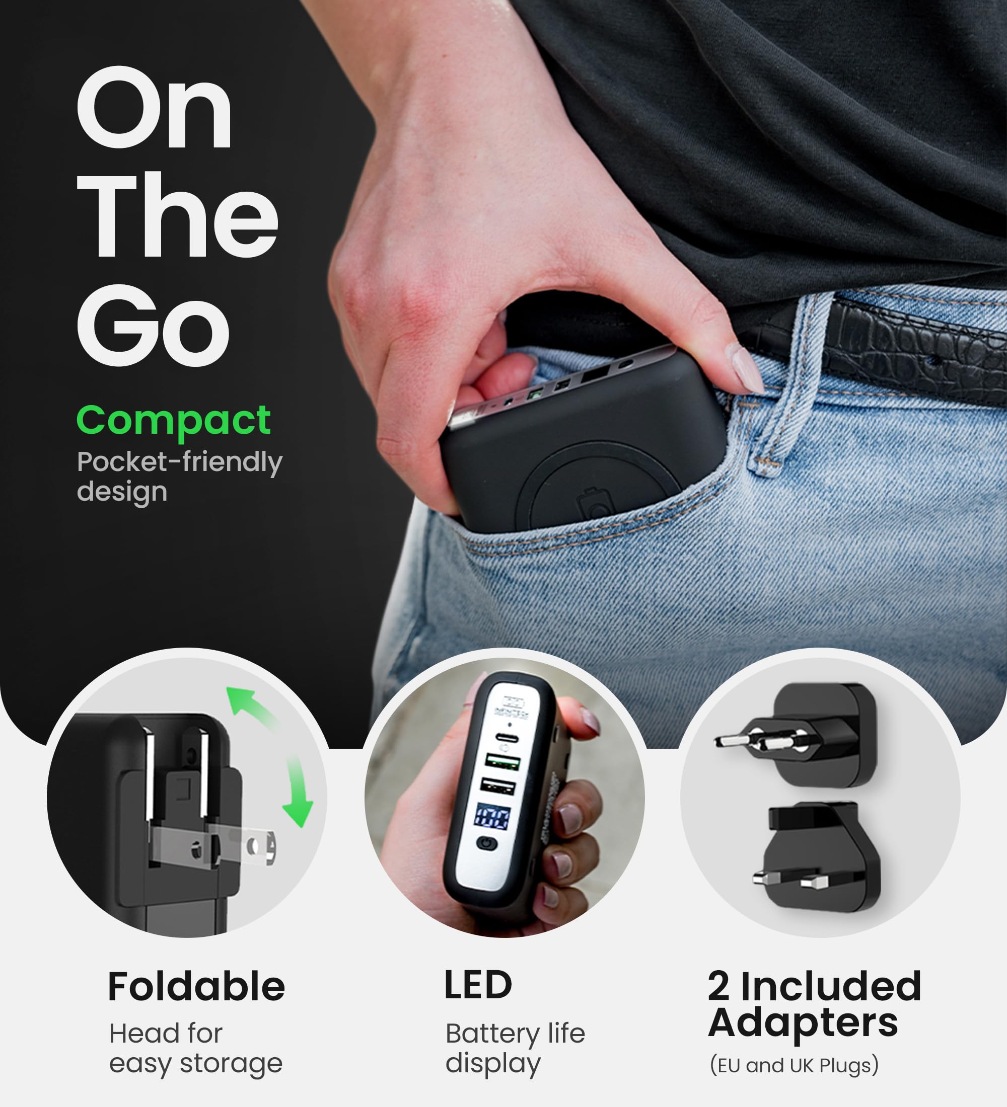 InfinaCore P3 Pandora 10000mAh Portable Power Bank - 3-in-1 Fast Wireless Charger for iPhone 15/14/13, Samsung Galaxy S23/S22 - USB C & USB 2.0 Compatible - Includes Global Travel Adapters - Perfect for Travel, Camping & Emergency Charging - Midnight Black