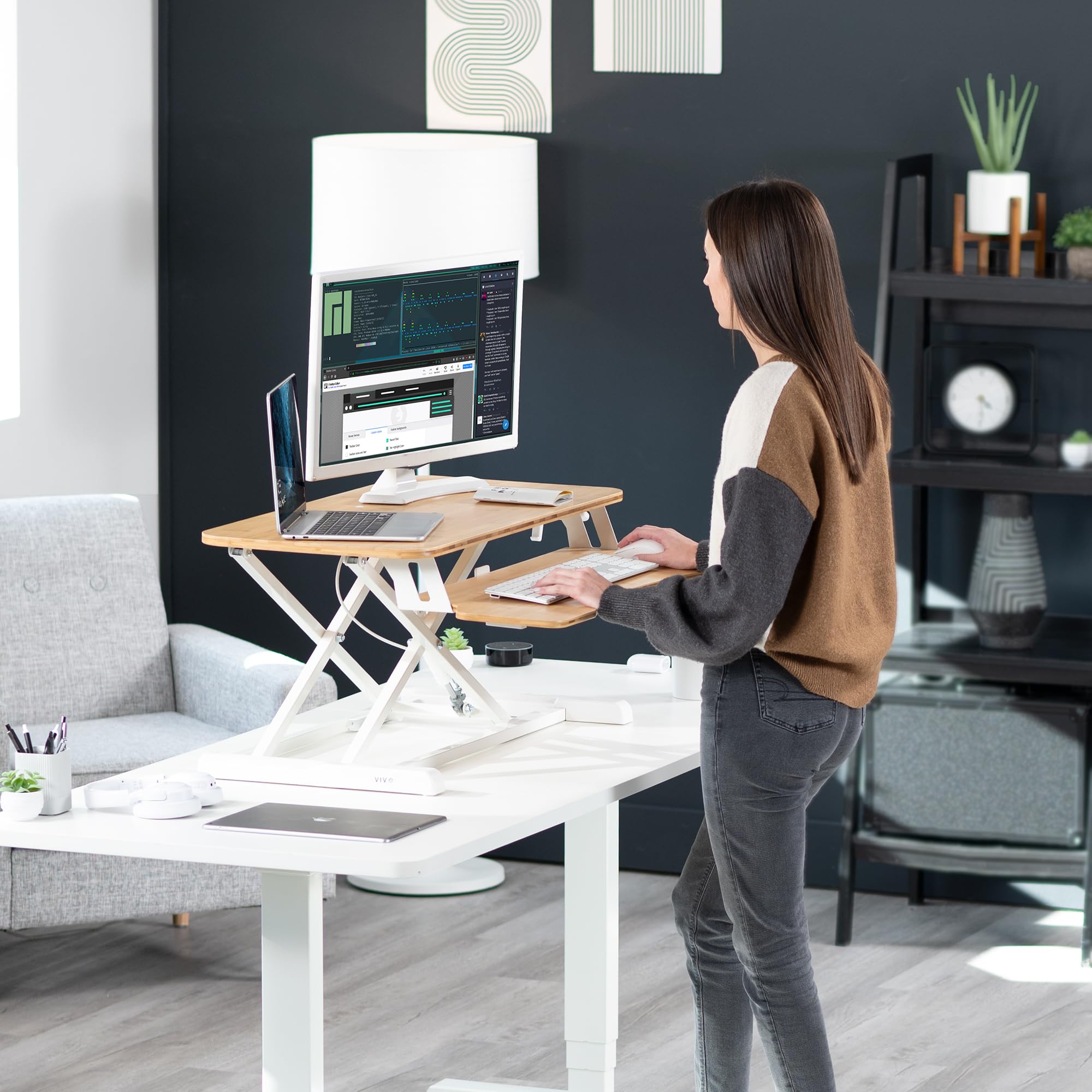 VIVO K Series 32 Inch Height Adjustable Sit to Stand Desk Converter - Dual Monitor & Laptop Workstation with Wide Bamboo Keyboard Tray, White Frame (DESK-V000KO) for Home Office, Gaming & Ergonomic Workspace Setup