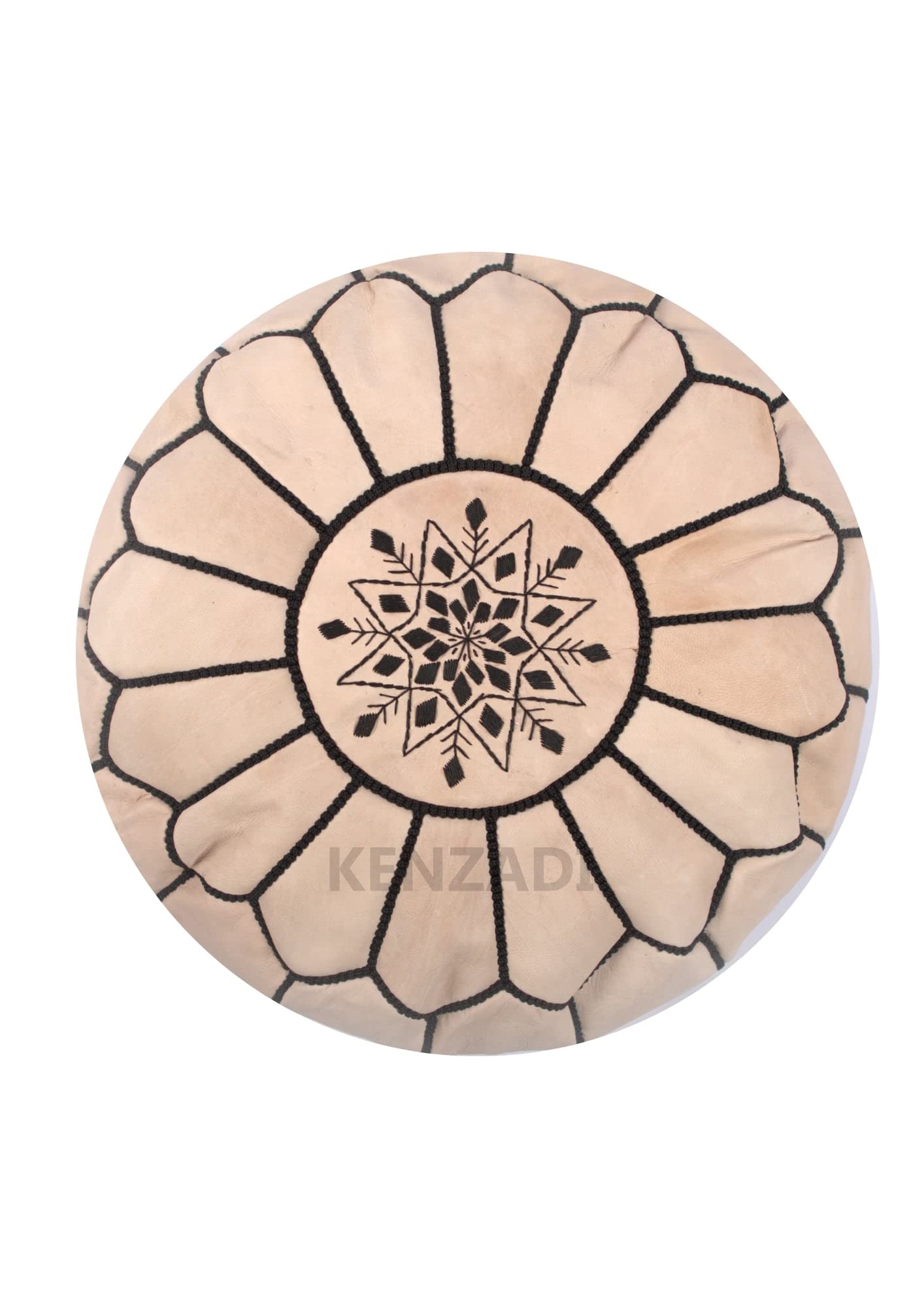 KENZADI Genuine Leather Ottoman Pouf Cover - Hand Stitched in Marrakech by Moroccan Artisans - Footstool, Unstuffed (Beige/Black) - Perfect for Living Room, Bedroom & Boho Home Decor