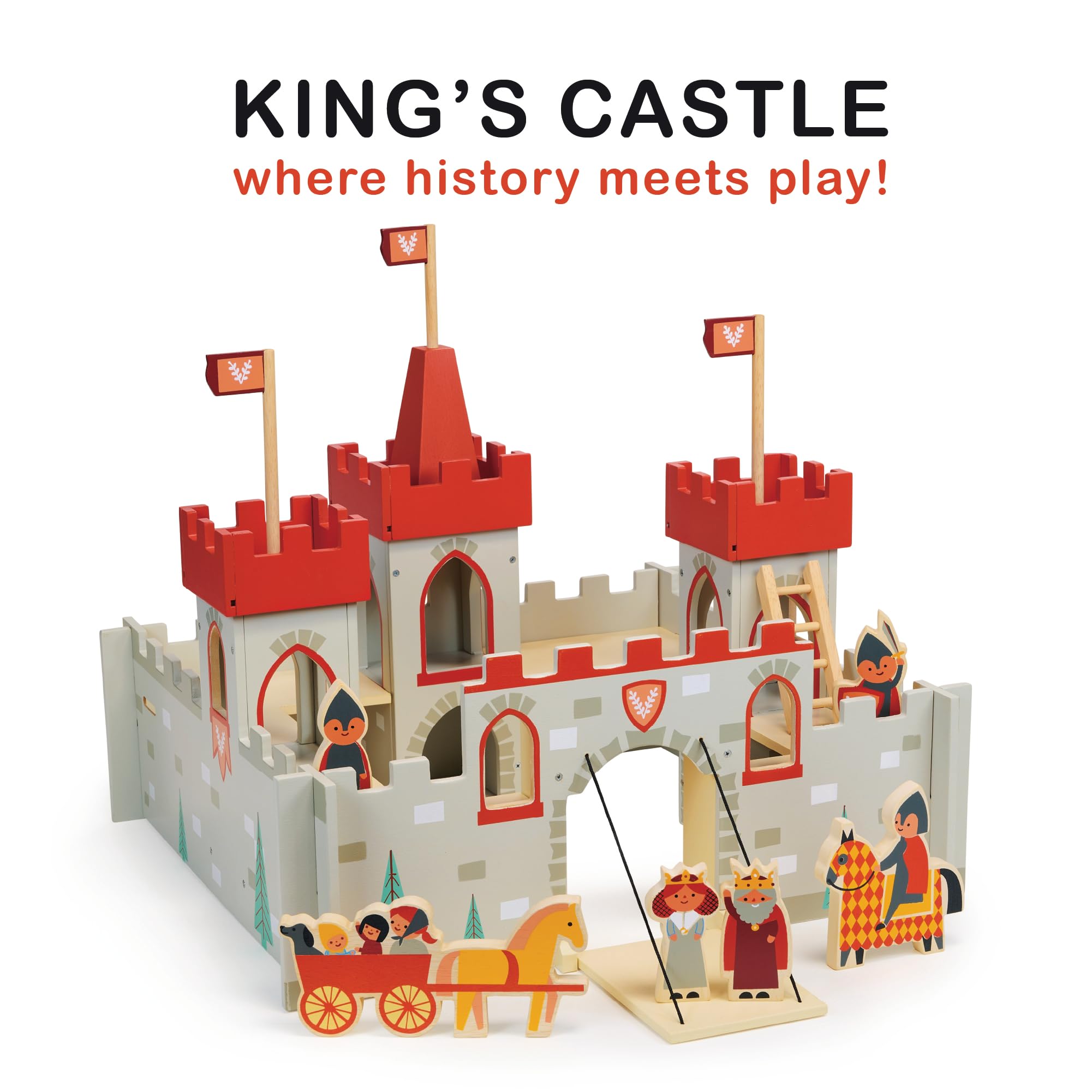 Mentari Toys King's Castle - Wooden Castle Playset with 6 Figures for Kids - Encourages Storytelling & Imaginative Play - Perfect for Preschool Pretend Play & Creative Role-Playing Games - Ages 3+