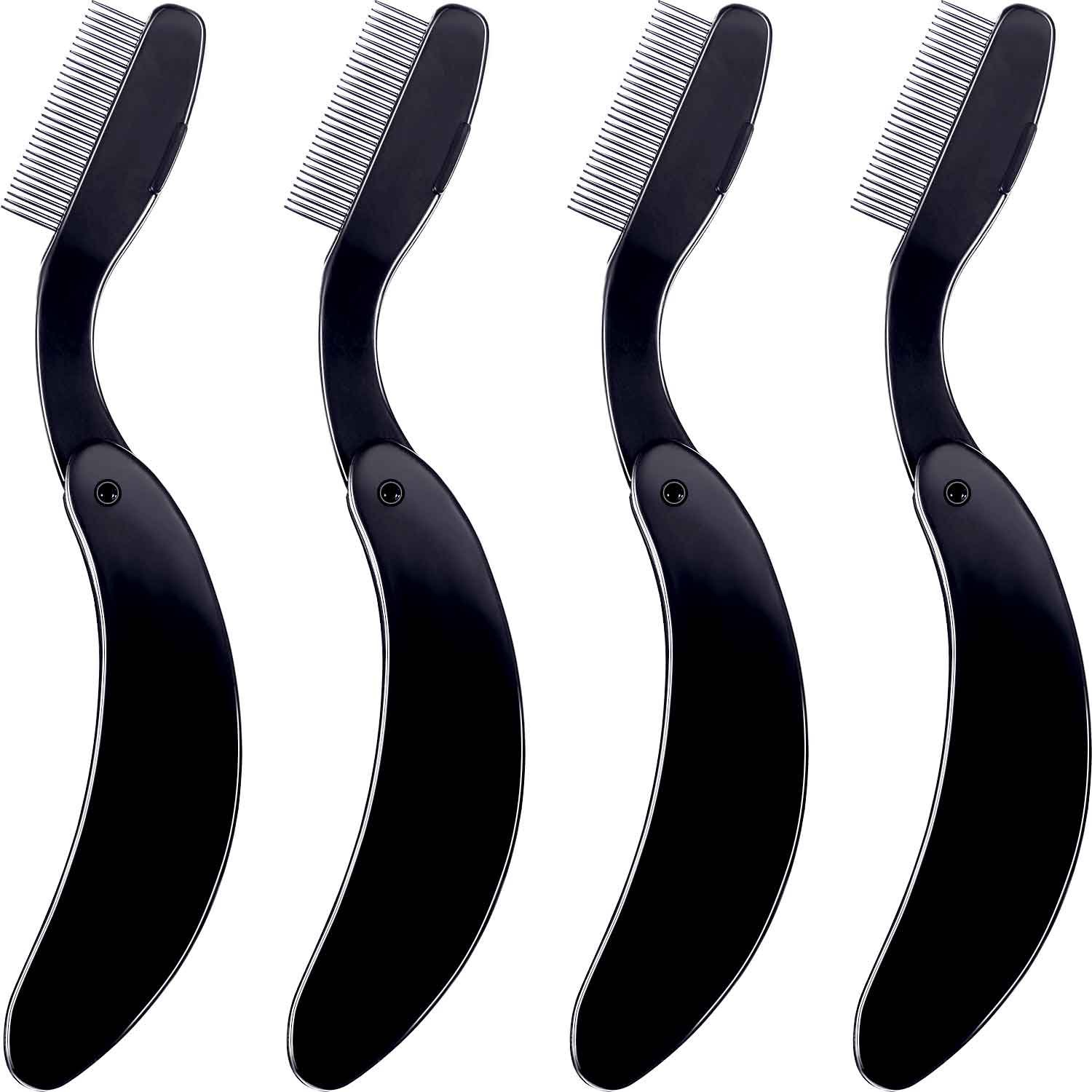 TecUnite 4 Pack Stainless Steel Eyelash & Eyebrow Comb - Professional Lash & Brow Makeup Brush for Perfect Grooming (Black) | Ideal for Home, Salon & Travel Makeup Kits