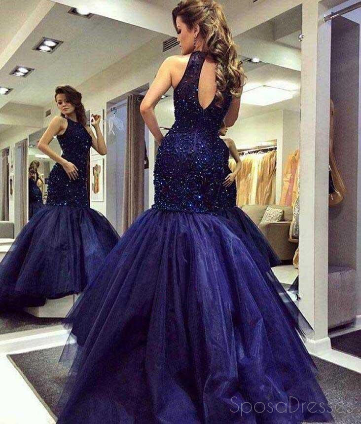 Elegant Navy Blue Halter Neck Mermaid Prom Dress with Beaded Open Back - Perfect for Evening Parties, Formal Dances & Special Occasions