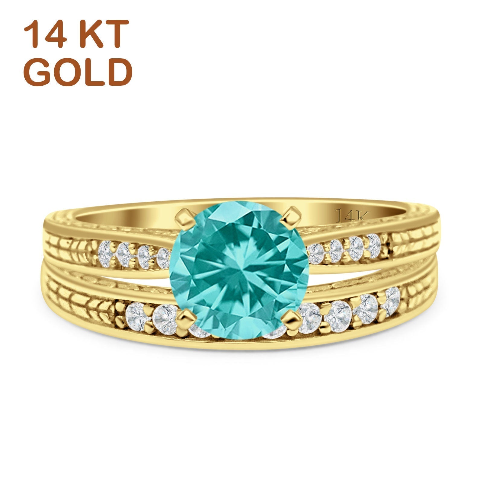 14K Yellow Gold Round Two-Piece Paraiba Tourmaline & CZ Bridal Wedding Ring Set - Elegant Engagement, Promise or Anniversary Jewelry Gift for Her