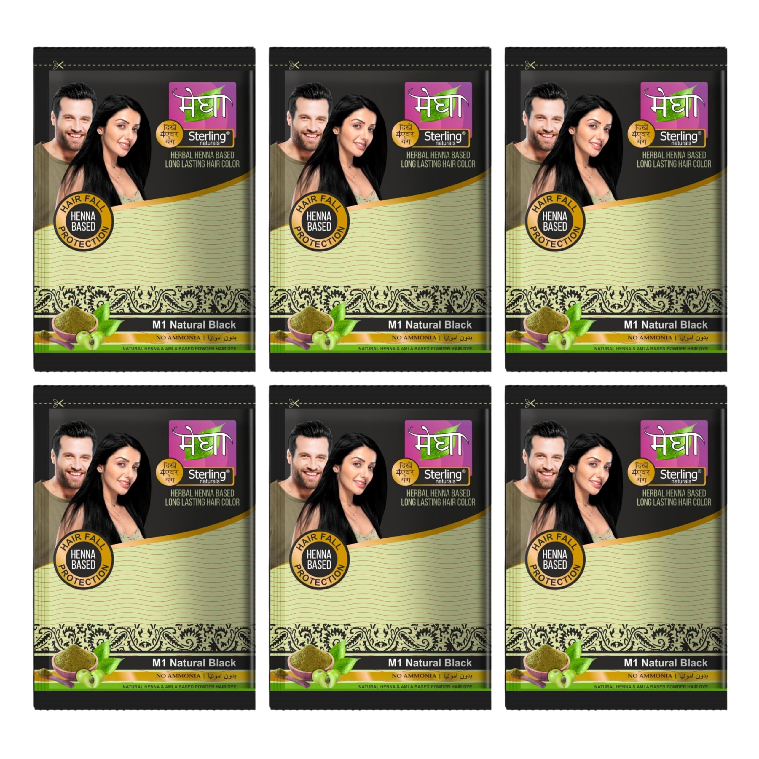 Sterling Naturals Megha Mehandi Organic Henna Hair Dye for Women - 100% Natural Black Hair Color, Chemical-Free & Ammonia-Free, 6 Pack (15g Each) - Perfect for Gray Coverage & Natural Hair Conditioning at Home