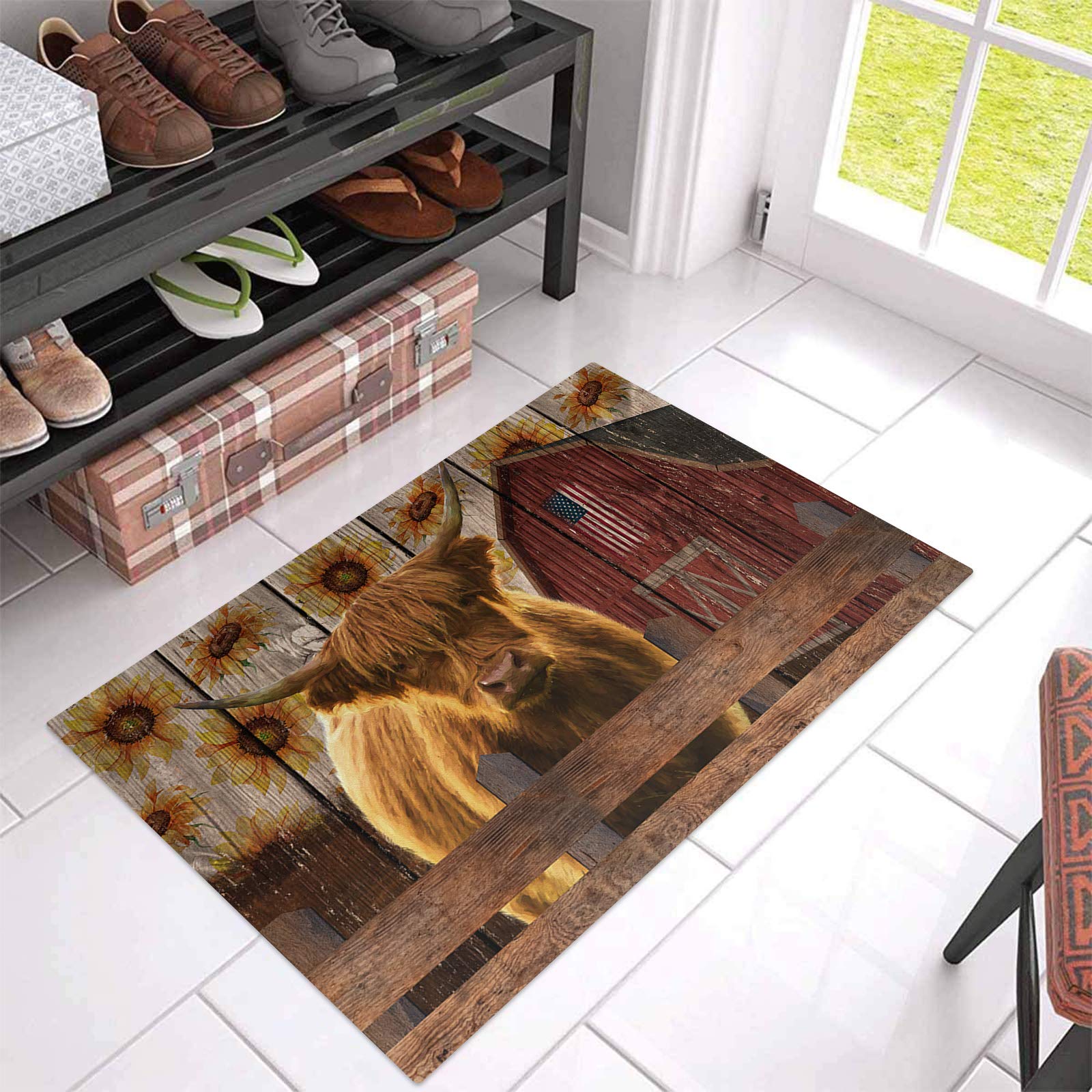 Farmhouse Red Barn Highland Cow Welcome Doormat with Sunflowers - Vintage Wooden Plank Design Non-Slip Absorbent Rug for Front Door, Bathroom, Kitchen & Indoor Decor - Perfect for Rustic Home, Cabin & Country House Entryway