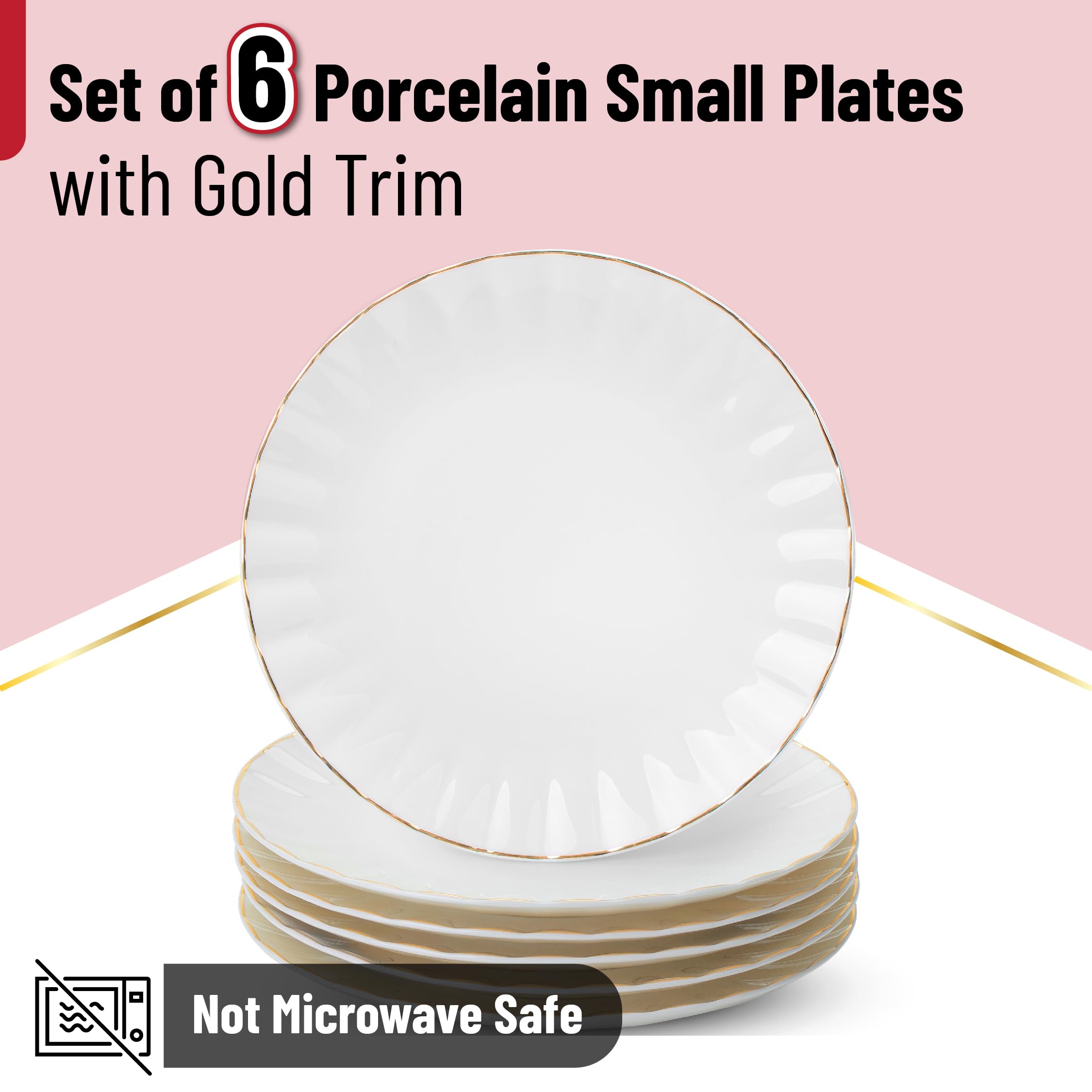 BTaT 8 Inch White Porcelain Dessert Plates Set of 6 - Elegant Gold Trim Appetizer Plates for Cake, Pastry, Snacks - Perfect for Parties, Weddings, and Tea Time