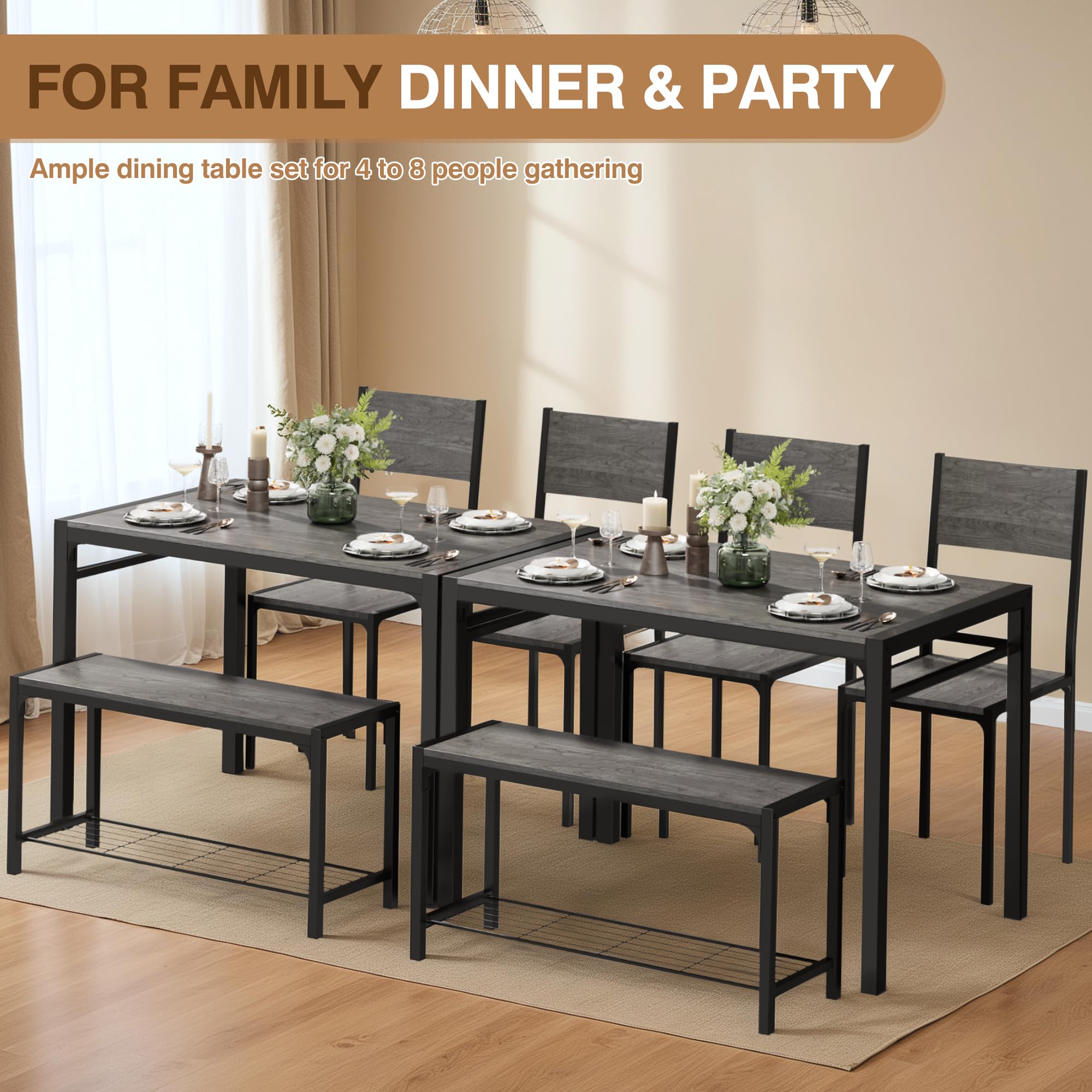 Modern 4-Piece Dining Table Set with Storage Bench & Chairs - Space-Saving Rectangular Kitchen Table for Small Apartments, Restaurants (Grey) | Perfect for Breakfast Nooks, Studio Living & Compact Dining Areas