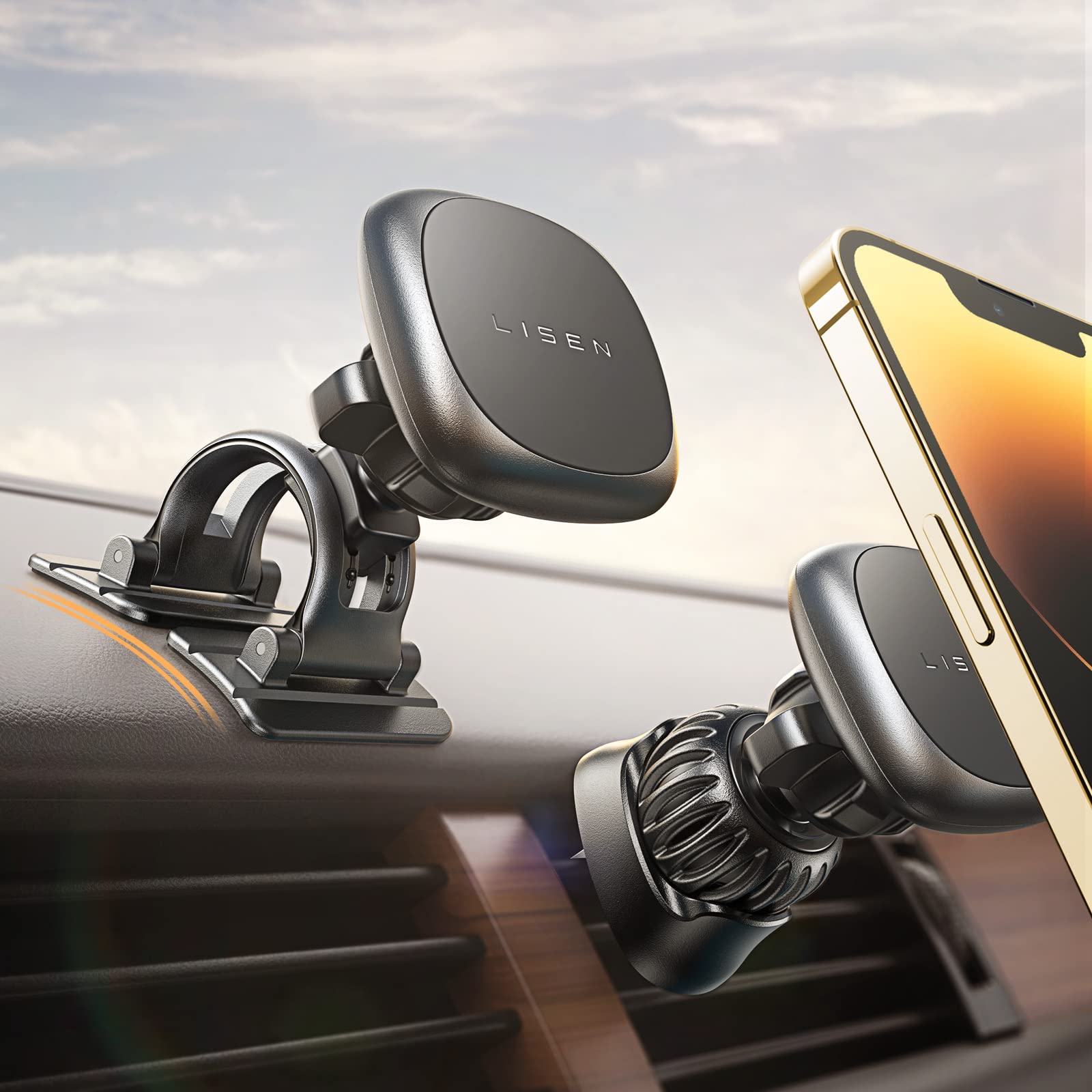 LISEN Magnetic Car Phone Holder with 6 Strong Magnets - Universal Phone Mount for iPhone & Android - Vent & Dashboard Car Accessories - Perfect Gift for Men & Women (Christmas, Travel, Commuting)