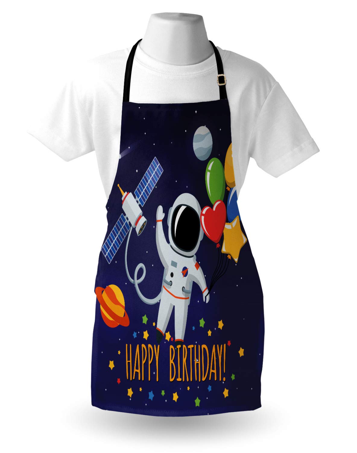 Ambesonne Astronaut Themed Birthday Apron - Unisex Adjustable Kitchen Bib for Cooking, Baking & Gardening - Space Lover Design with Party Balloons on Blue Background - Perfect for Birthday Parties, BBQ Events & Cosplay