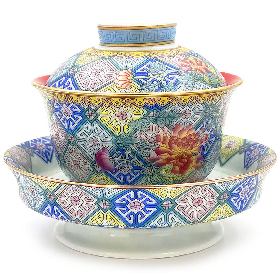 Polychrome Peony Porcelain Enamel Gaiwan - Chinese Tea Cup with Lid & Saucer - Handcrafted Floral Tea Set for Oolong, Green & Herbal Tea Brewing - Perfect for Tea Ceremonies, Gifts & Home Decor