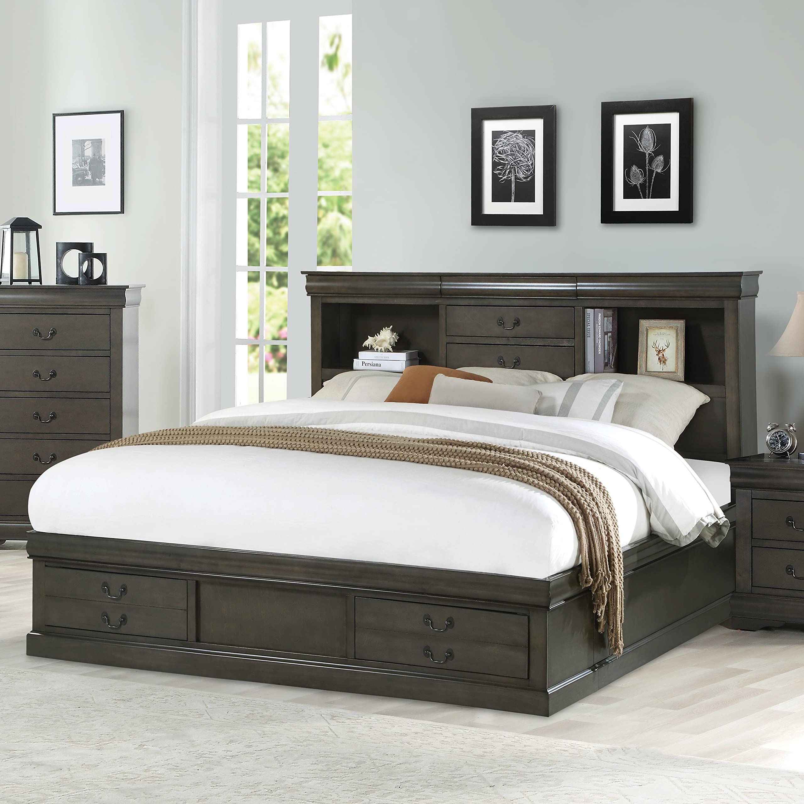 HABITRIO Solid Wood Queen Bed Frame with Storage - Headboard with 3 Hidden Drawers & 2 Bookshelves, Footboard with 2 Storage Drawers - No Box Spring Needed, Dark Gray - Perfect for Small Bedrooms & Guest Rooms with Extra Storage Needs