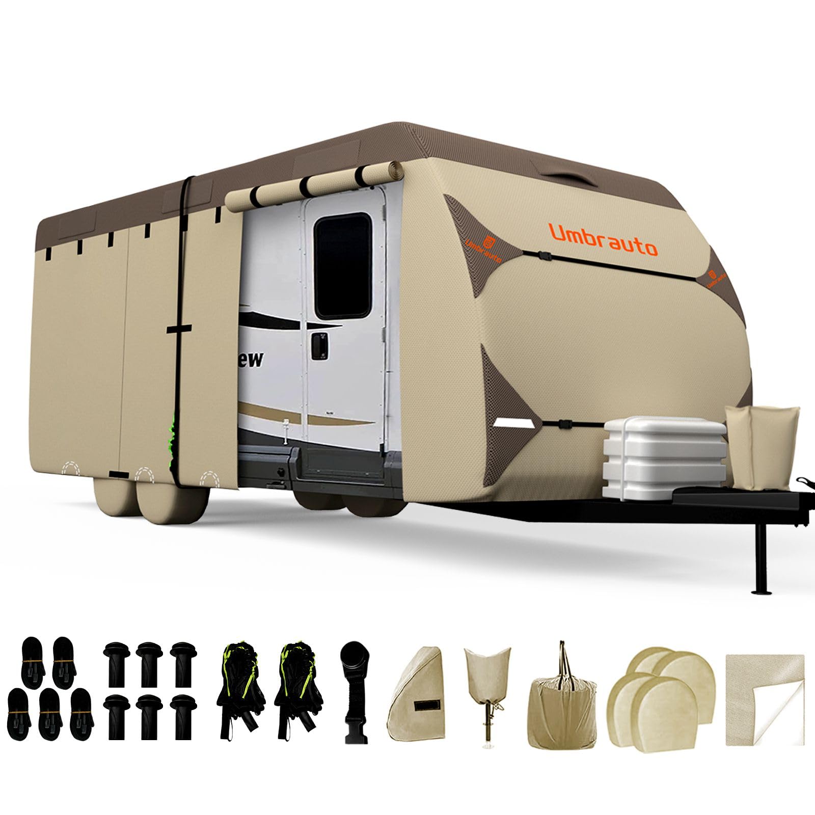 2024 Upgraded 23-24' Waterproof RV Travel Trailer Cover - 7 Layer Top & 3 Layer Side Protection with 4 Tire Covers, Tongue Jack Cover, Gutter Cover & Windproof Ropes | All-Weather Protection for Campers, Trailers & Motorhomes | Perfect for Outdoor Storage & Winter Protection