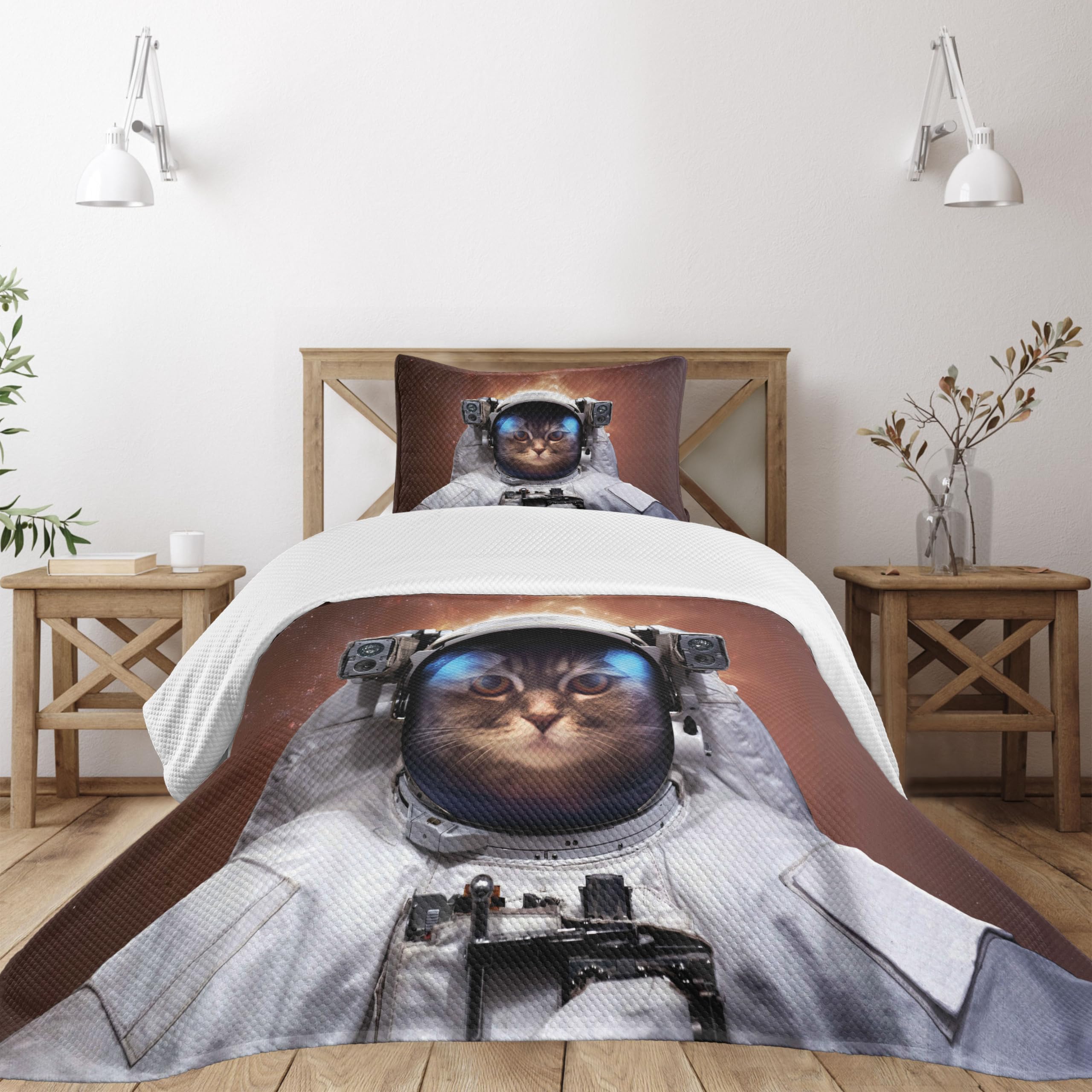 Ambesonne Space Cat Bedspread Set - Astronaut Cat with Milky Way Design, 3-Piece Twin Size Bedding Set with 2 Pillow Shams (White & Pale Caramel) - Perfect for Kids' Rooms, Space-Themed Bedrooms & Cat Lovers