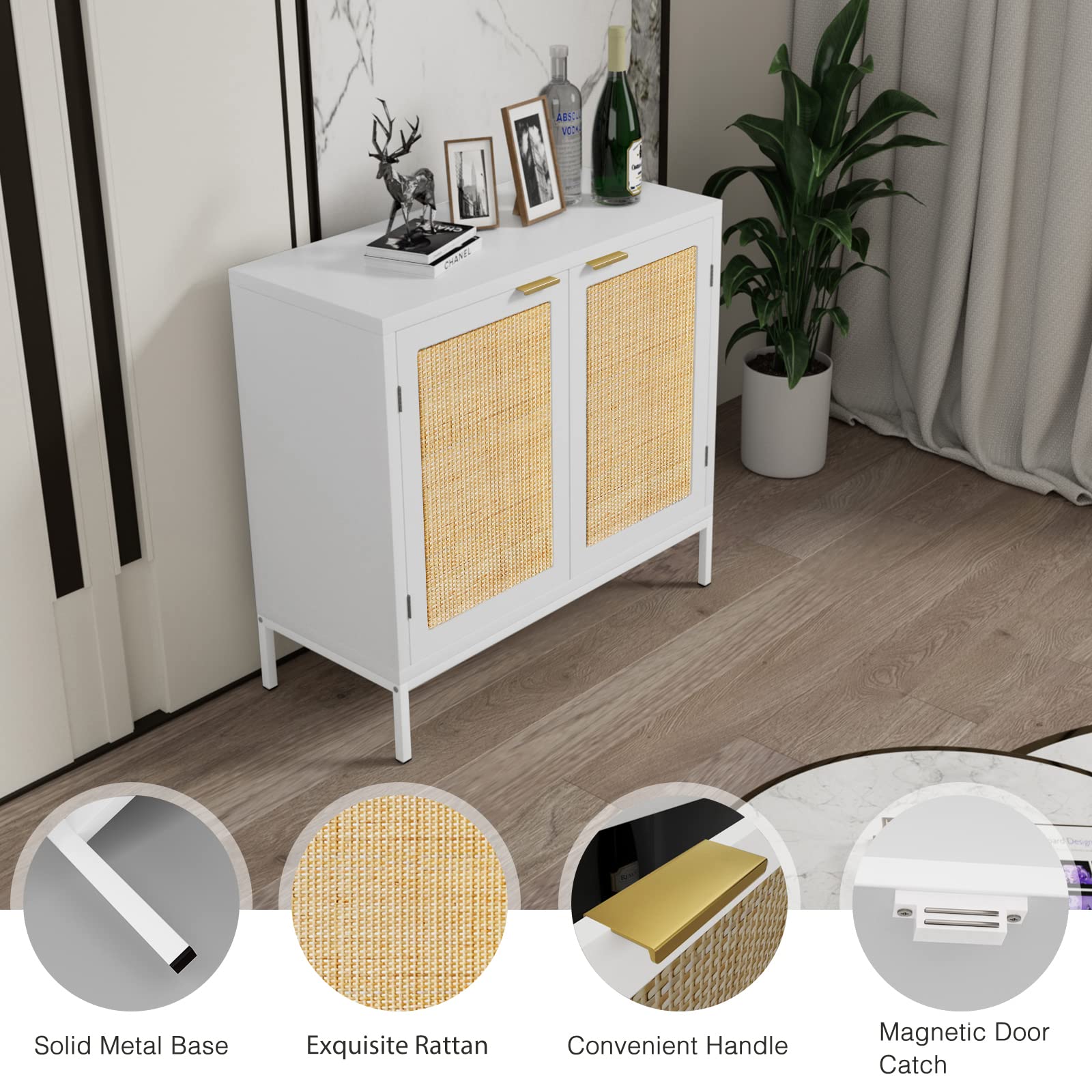 Anmytek White Rattan Sideboard Buffet Cabinet with 2 Decorated Doors & Fixed Shelf - Spacious Storage Furniture for Living Room, Hallway, Entryway & Dining Room - Perfect for Home Organization & Stylish Decor | H0012