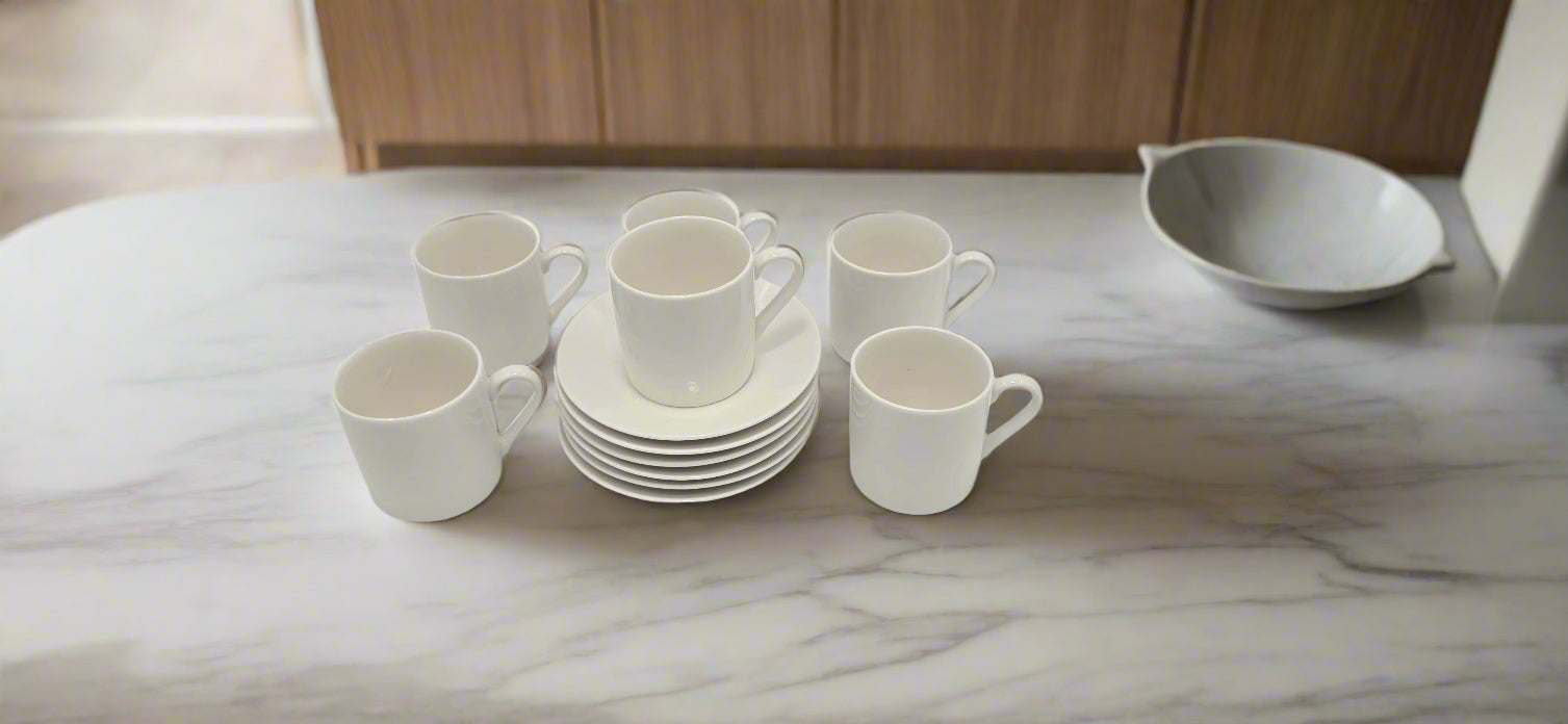 6-Piece White Coffee Set - Elegant Porcelain Coffee Cups & Saucers for Home, Office, or Gifts - Perfect for Morning Brews, Tea Parties & Entertaining Guests