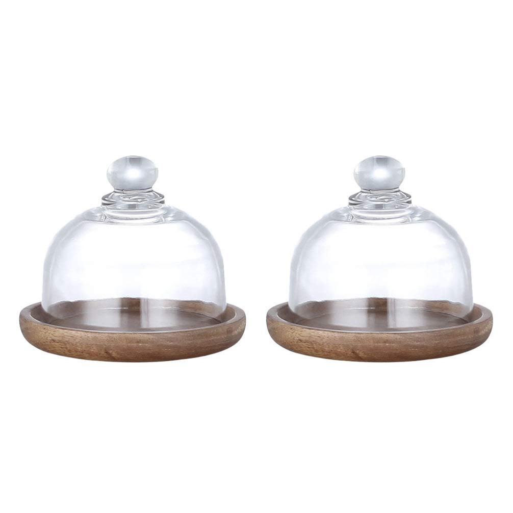 2Pcs Clear Glass Cake Stand with Dome Cover - Round Cake Plate Server Platter with Wooden Base & Glass Bell Jar - Perfect for Birthday Parties, Weddings, and Dessert Displays