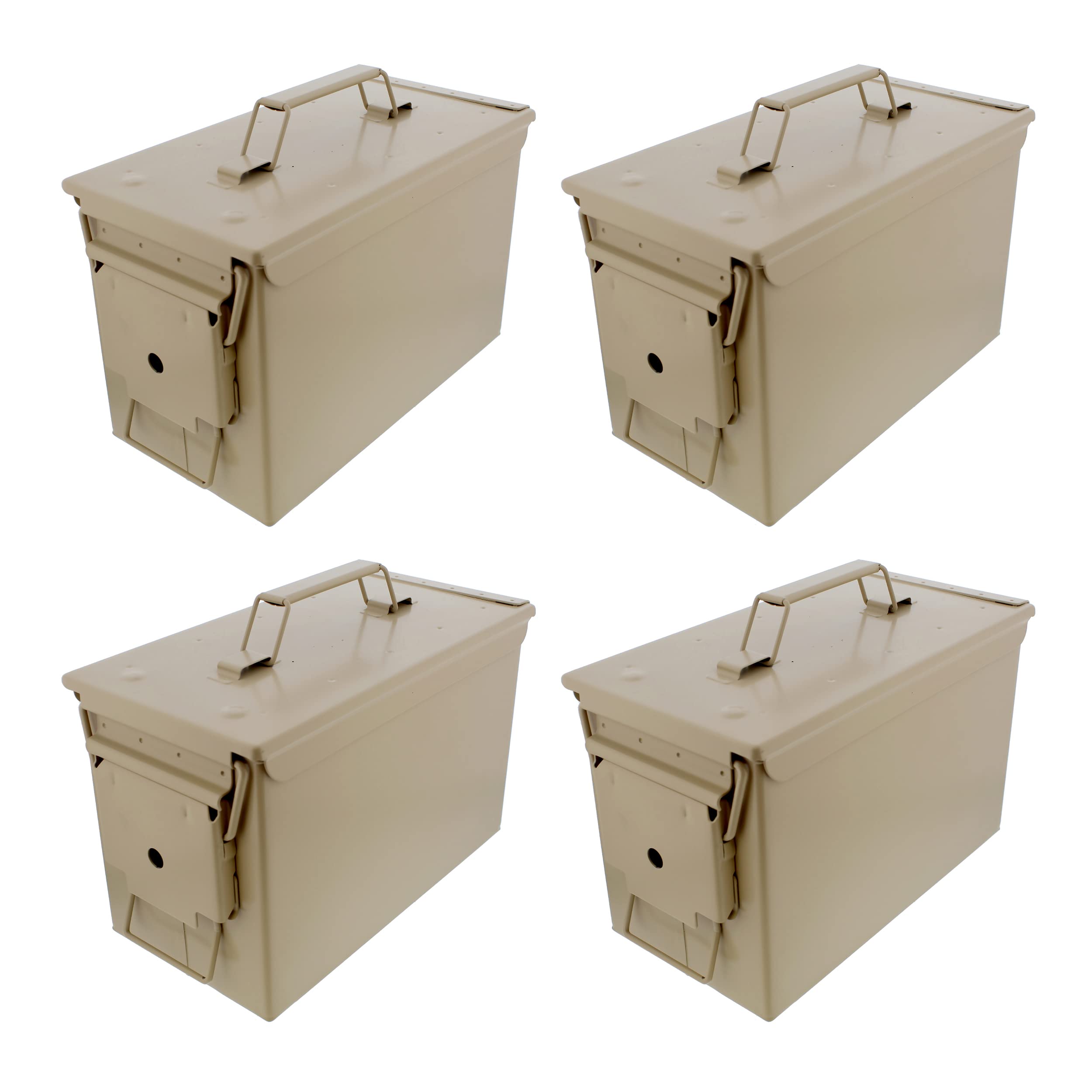 50 Cal Tan Metal Ammo Box 4-Pack - Heavy Duty Ammo Storage Containers with Secure Lids for Military, Hunting & Home Organization - Perfect for Gun Range, Survival Kits & Outdoor Adventures