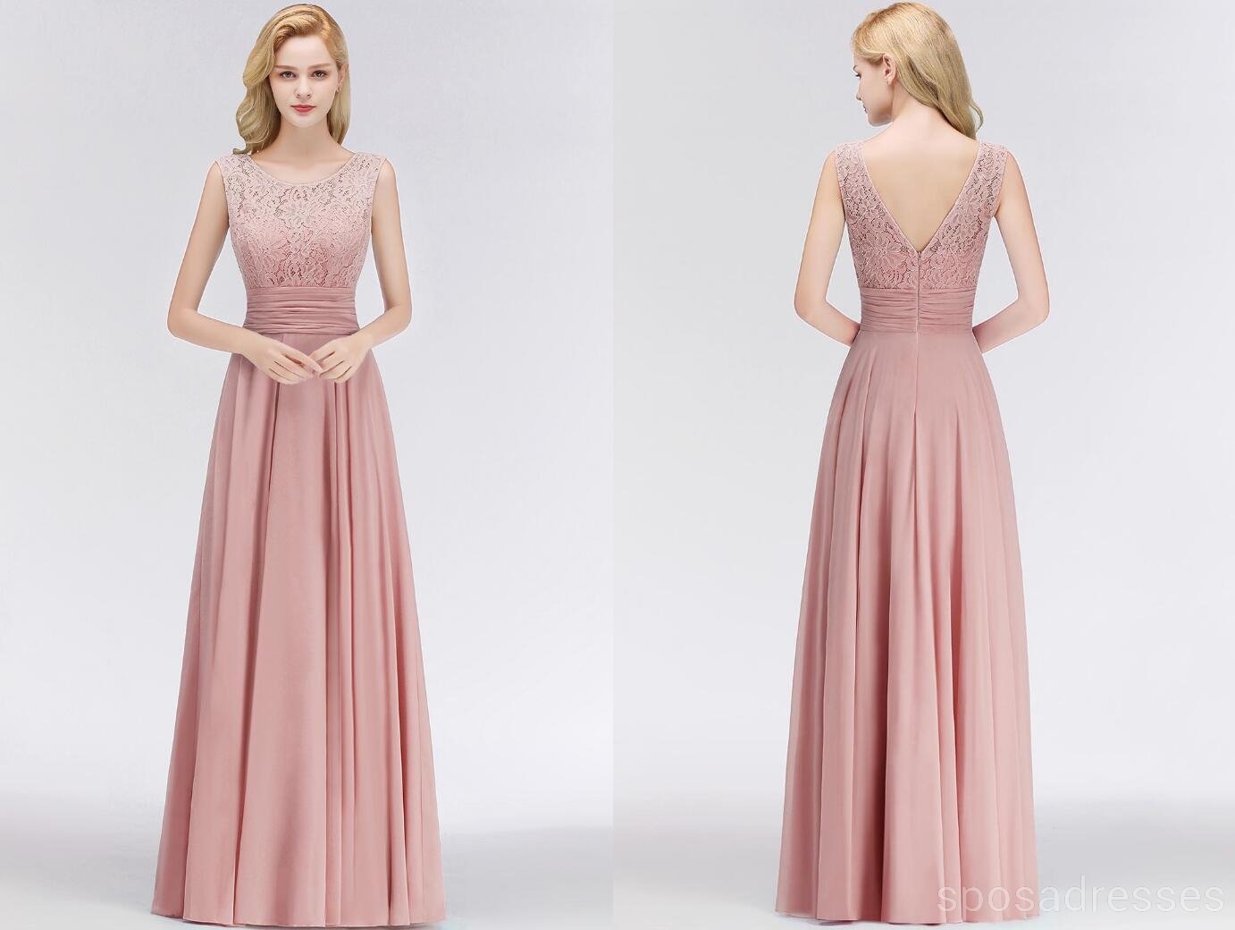 Elegant Lace Blush Pink Floor-Length Chiffon Bridesmaid Dress with Mismatched Design - WG543 | Perfect for Weddings, Proms & Formal Events