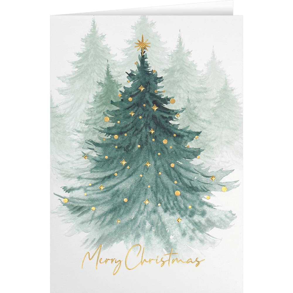 25 Personalized Christmas Cards with Foil-Lined Envelopes - Watercolor Christmas Forest Holiday Greeting Cards for Business, Family & Friends - Perfect for Corporate Gifts, Holiday Parties & Festive Mailings