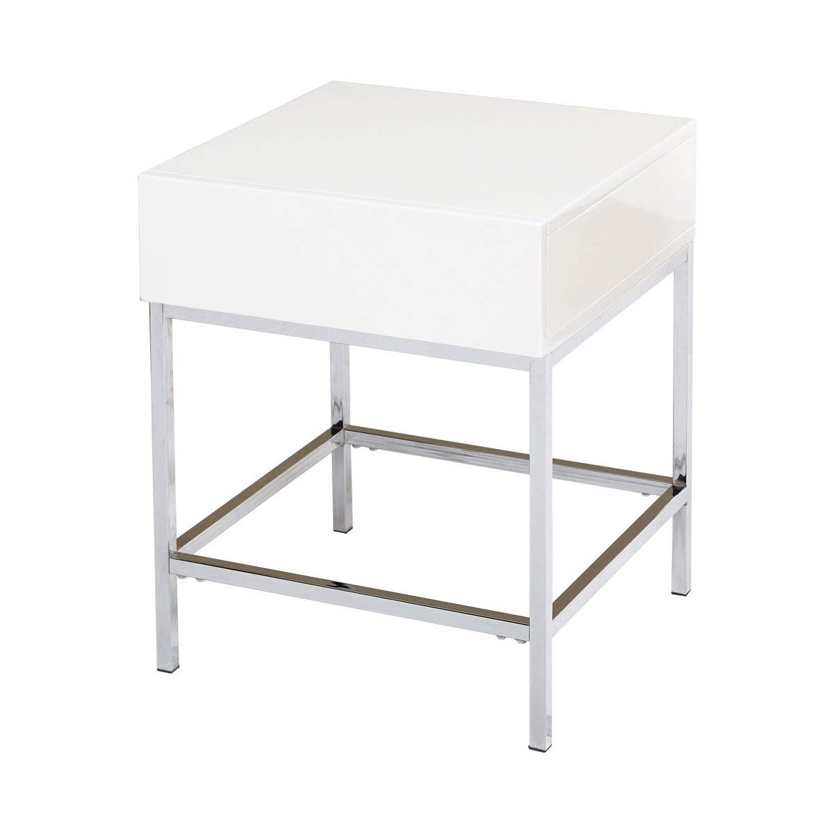 Modern White High-Gloss Metal End Table with Square MDF Drawers - Contemporary Nightstand for Living Room, Bedroom & Office Storage Solution