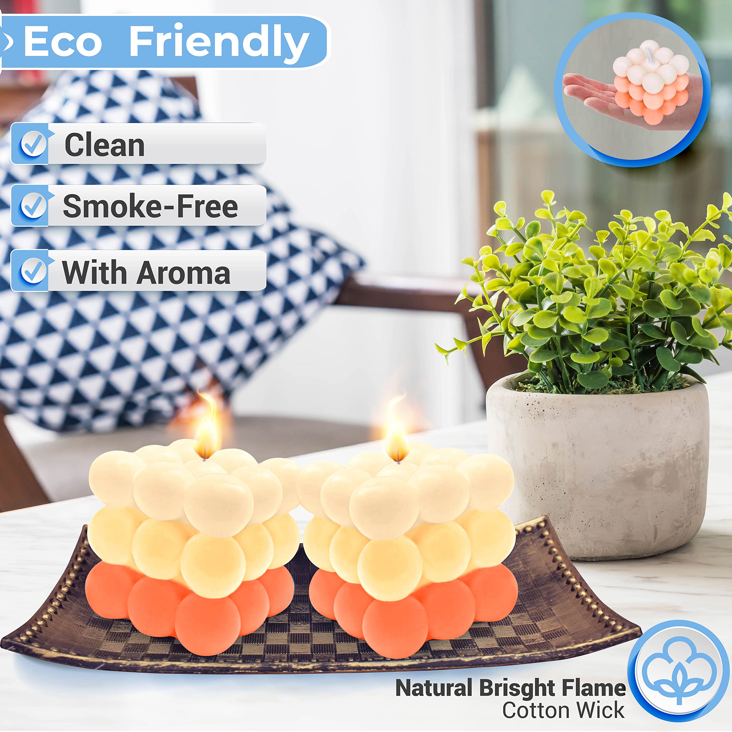 2 Pack Handmade Gradient Light Orange Bubble Soy Candles - Aesthetic Cube Candles for Home Decor, Bedroom, Bathroom & Relaxation | Perfect for Romantic Dinners, Spa Nights & Cozy Ambiance