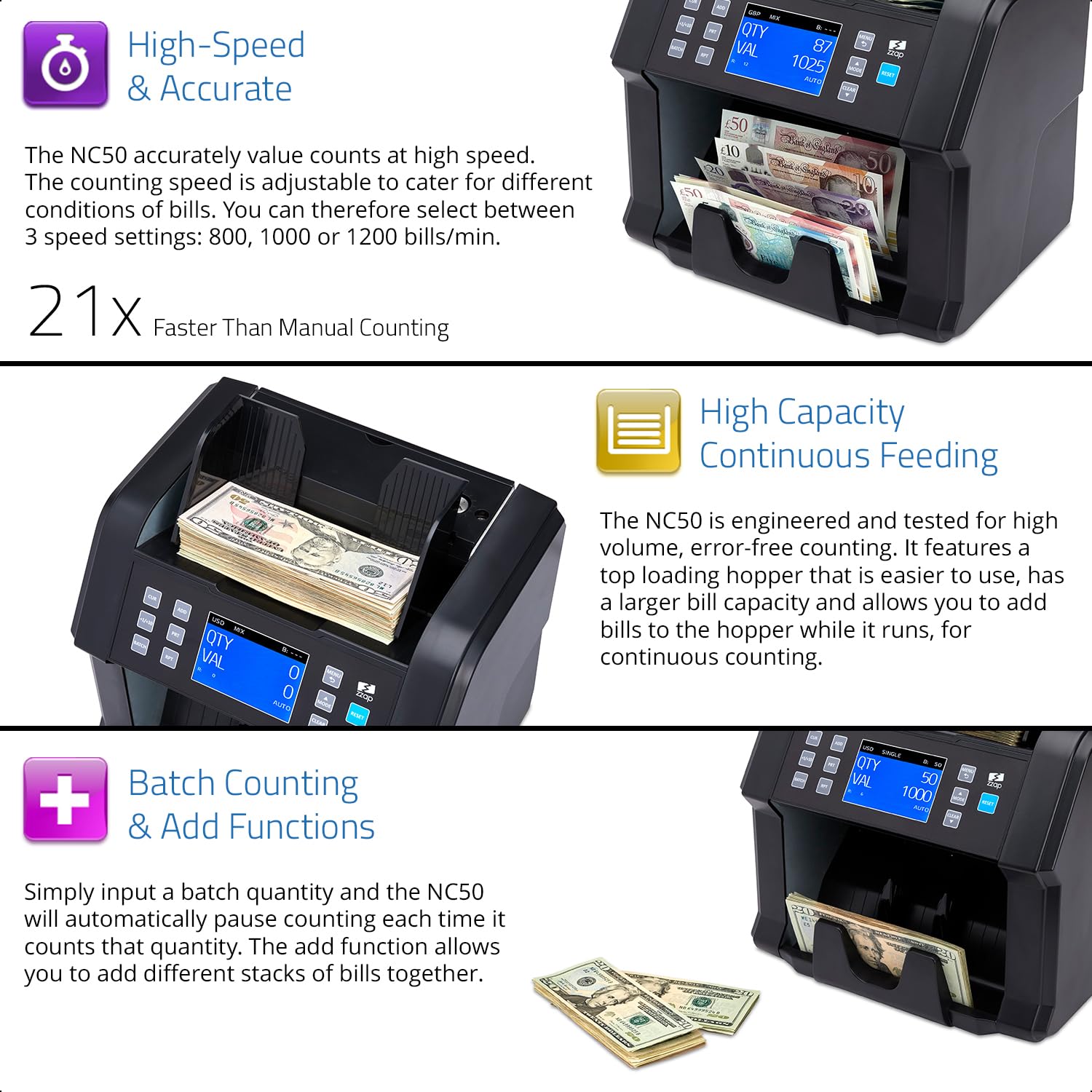 ZZap NC50 Bill Value Counter & Counterfeit Detector Machine - Fast & Accurate Currency Counting with UV/MG/IR Detection - Perfect for Banks, Retail Stores, and Cash-Intensive Businesses