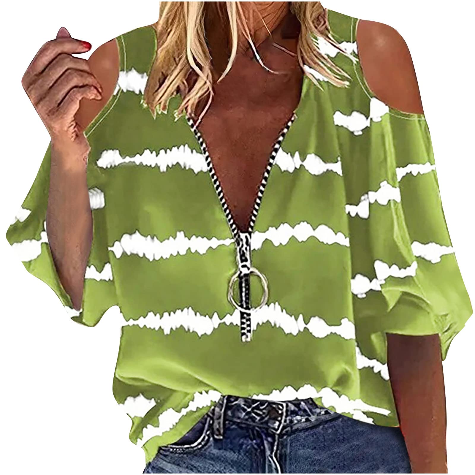 Maqroz Women's Cold Shoulder Zipper Sexy Tops - Trendy Tie Dye Print Casual Blouse with Half Sleeves & Loose Fit - Perfect for Date Night, Parties & Summer Outfits